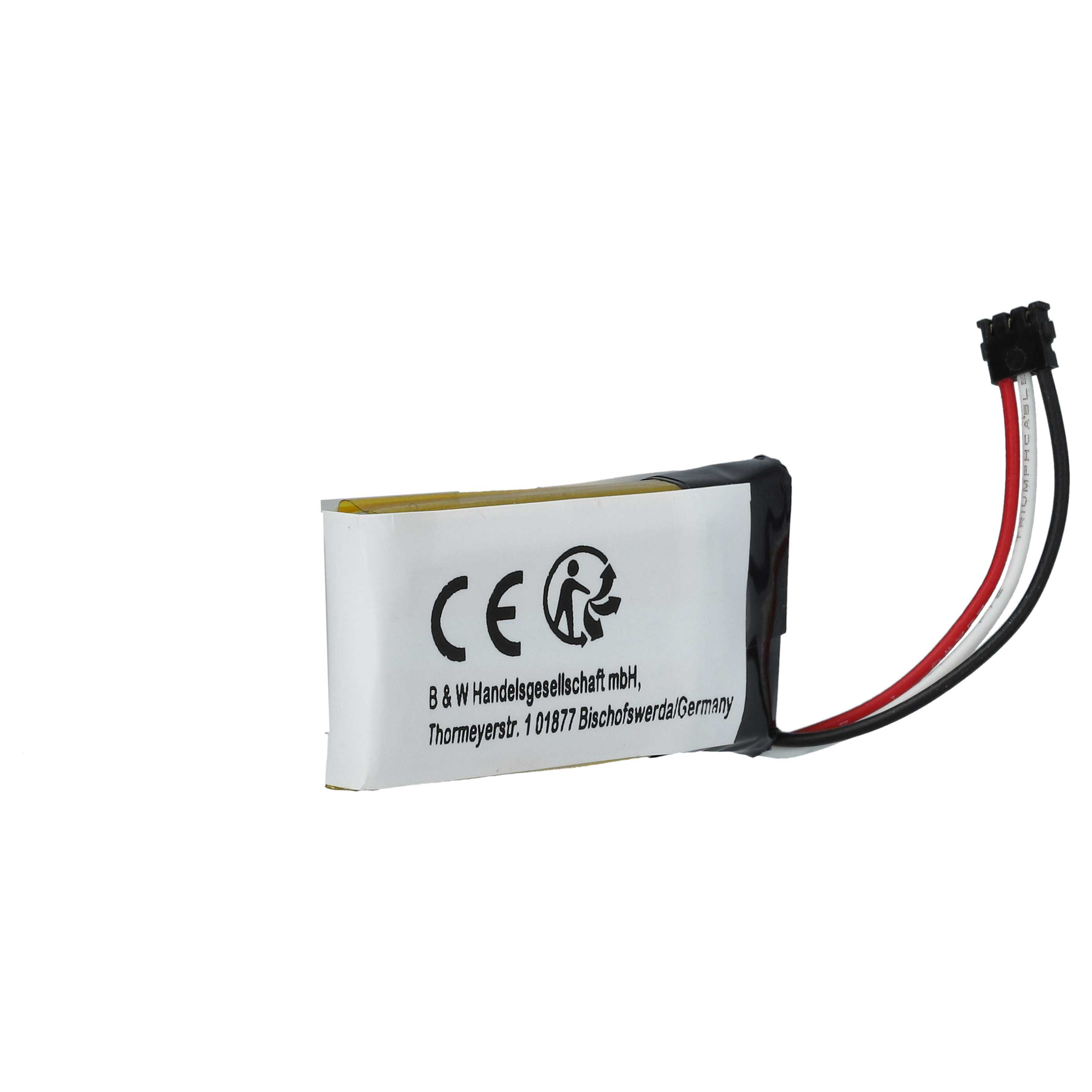 Ein weißer Akku mit schwarzen Details und einem Stecker mit schwarzen, roten und weißen Drähten. Der Akku hat CE-Kennzeichnungen.