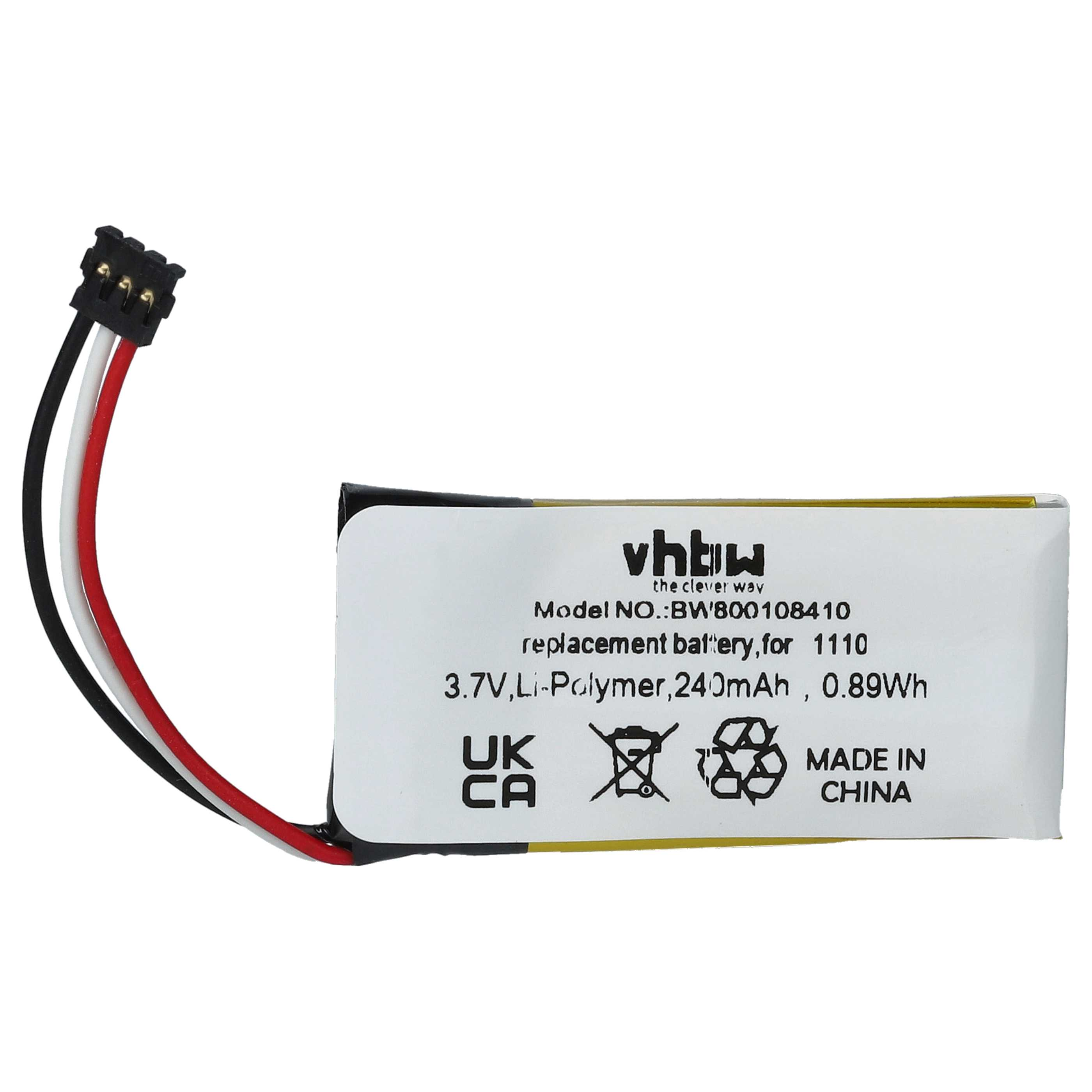 Ein Akku mit Kabeln, beschriftet 'vhtw', Modell BW800108410, 3,7V, Li-Polymer, 240mAh. Hergestellt in China.