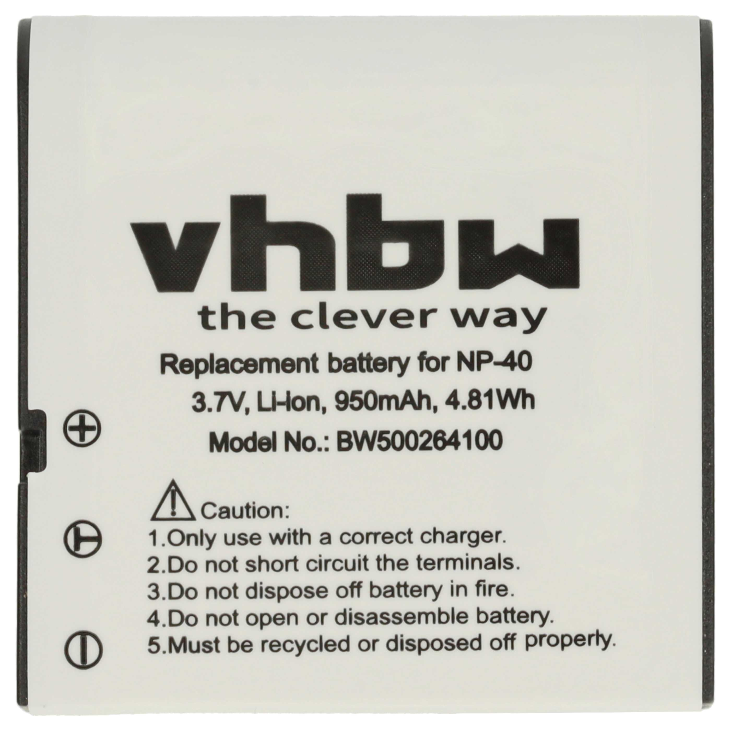 Ein weißes Batterieetikett mit schwarzem Text. Es steht 'vhbw', 'Ersatzbatterie' und Sicherheitshinweise.