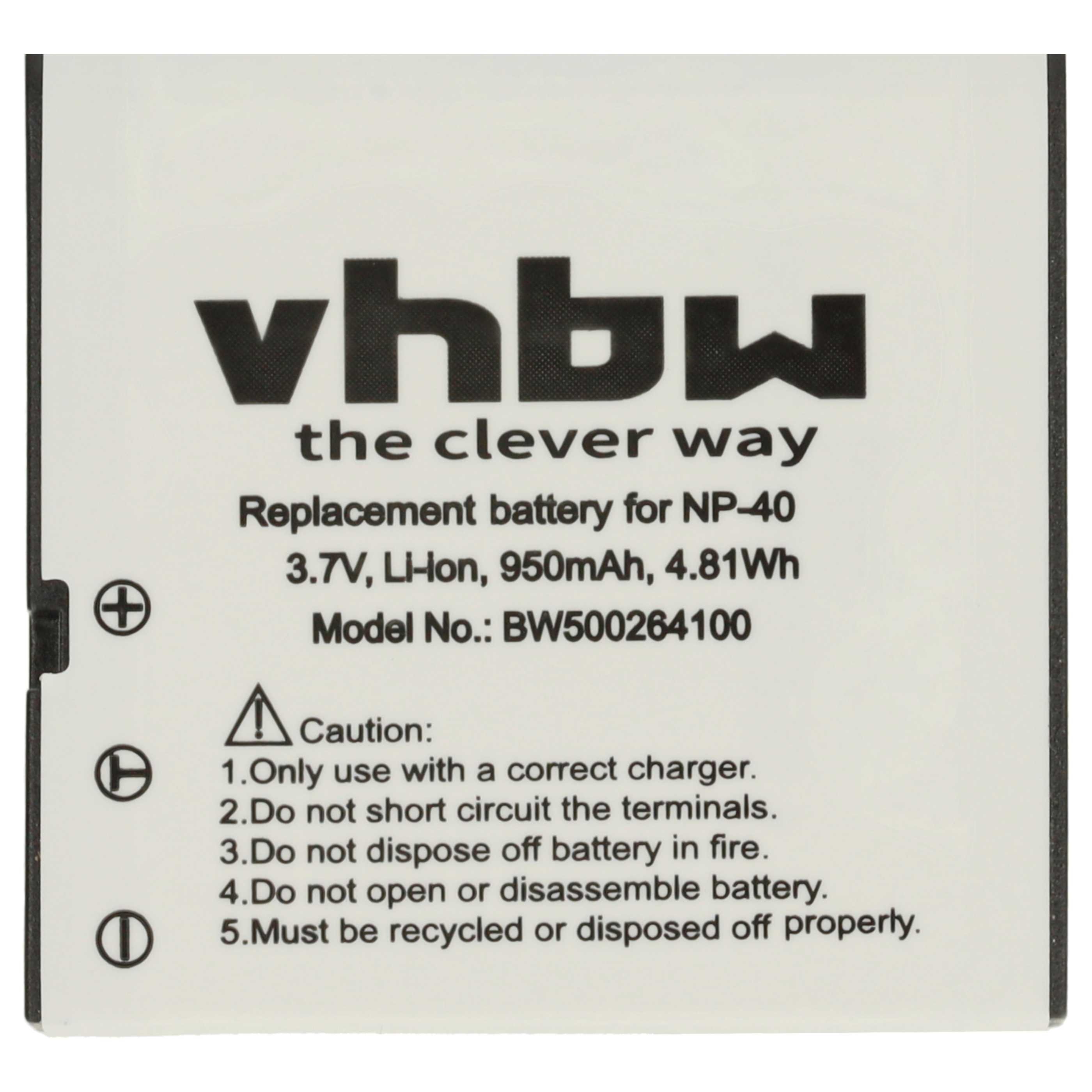 Ein weißer Akku mit schwarzem Text. Er trägt die Marke 'vhbw', Warnhinweise und technische Daten.
