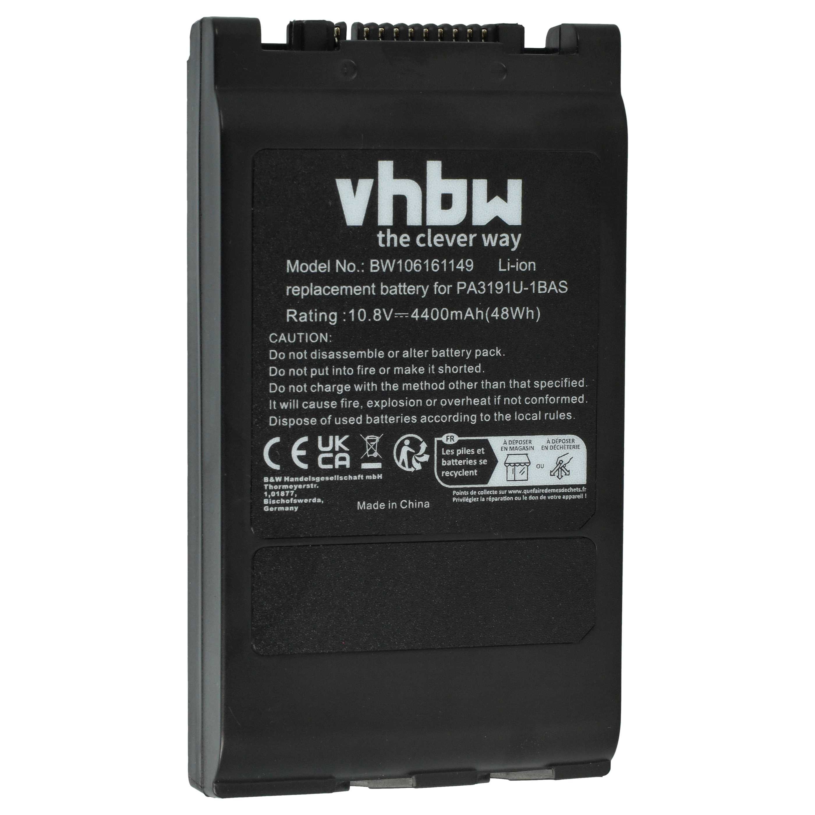 Schwarzer Akku mit weißem Text und Logos. Details umfassen Spannung, Kapazität, Modellnummer und Warnhinweise.