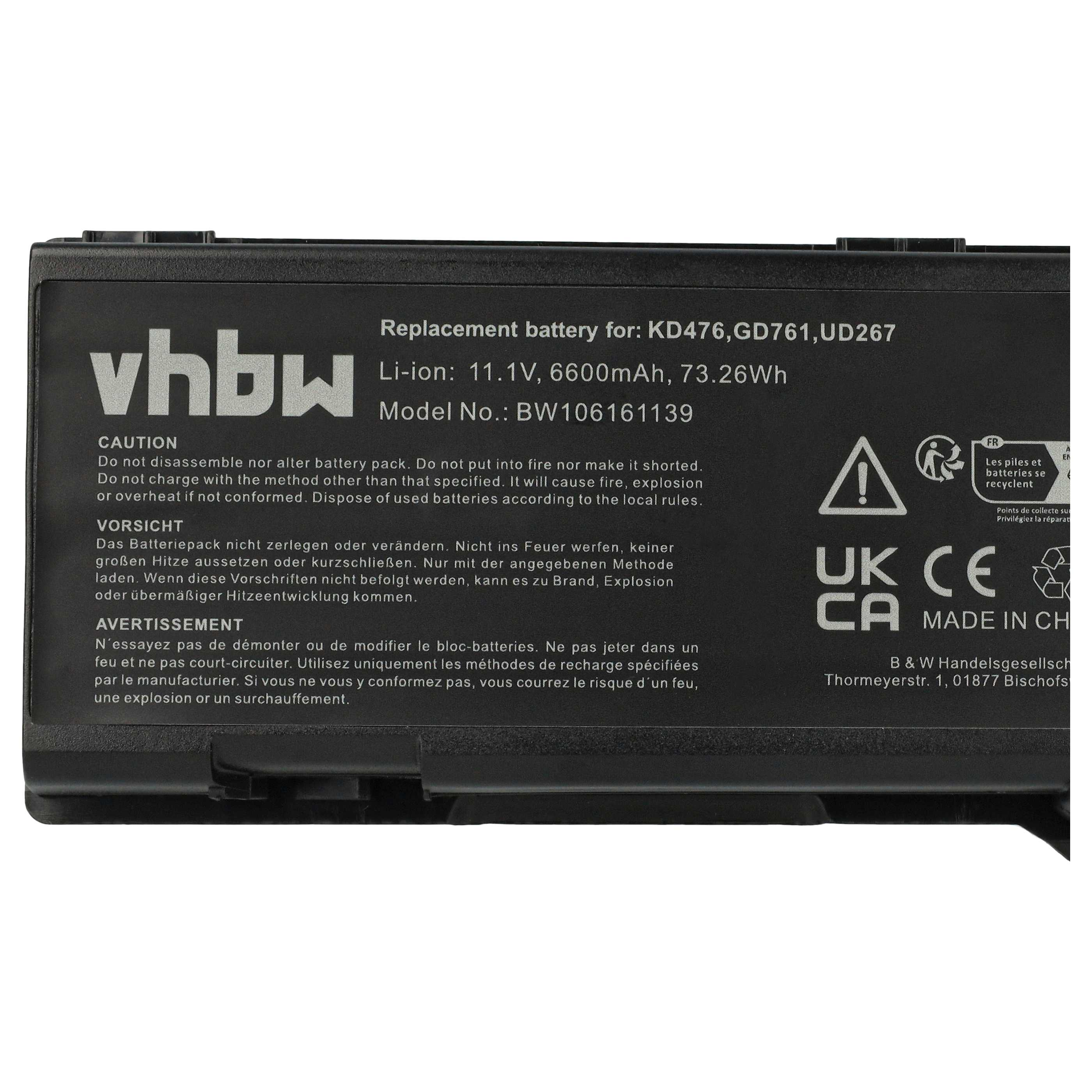 Ein schwarzes Akkupack mit weißem Text, Warnhinweisen und einem Recycling-Symbol. Die Marke vhbw ist sichtbar.