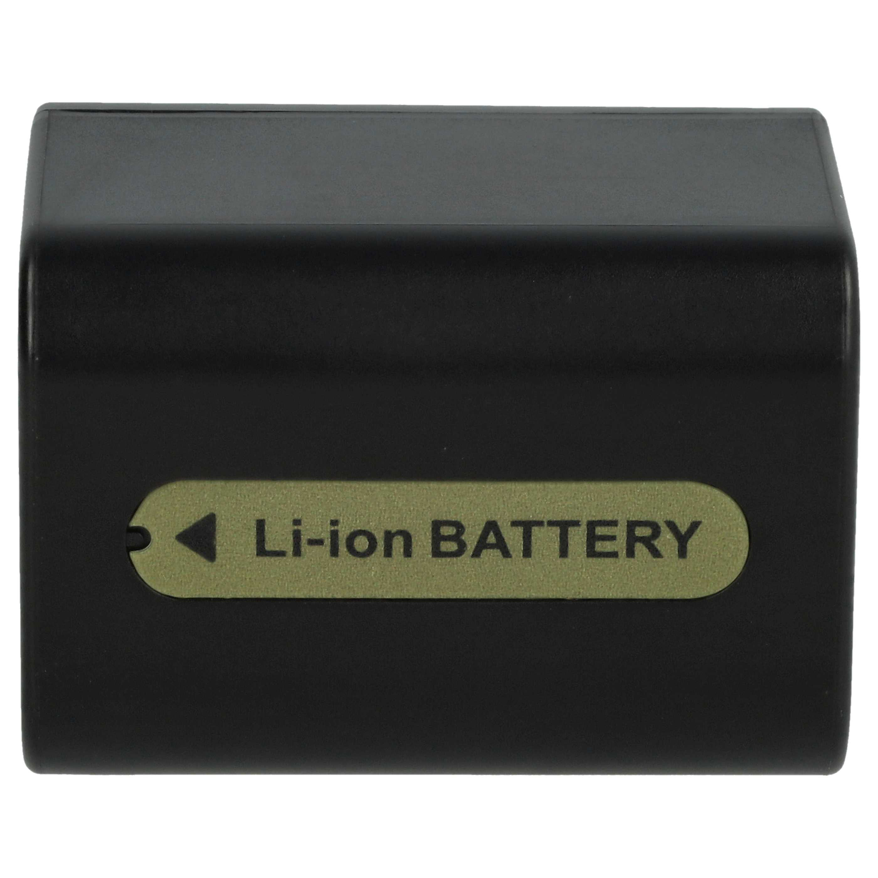 Ein schwarzer Li-Ionen-Akku mit grünem Etikett. Auf dem Etikett steht 'Li-ion BATTERY' mit einem Pfeil.