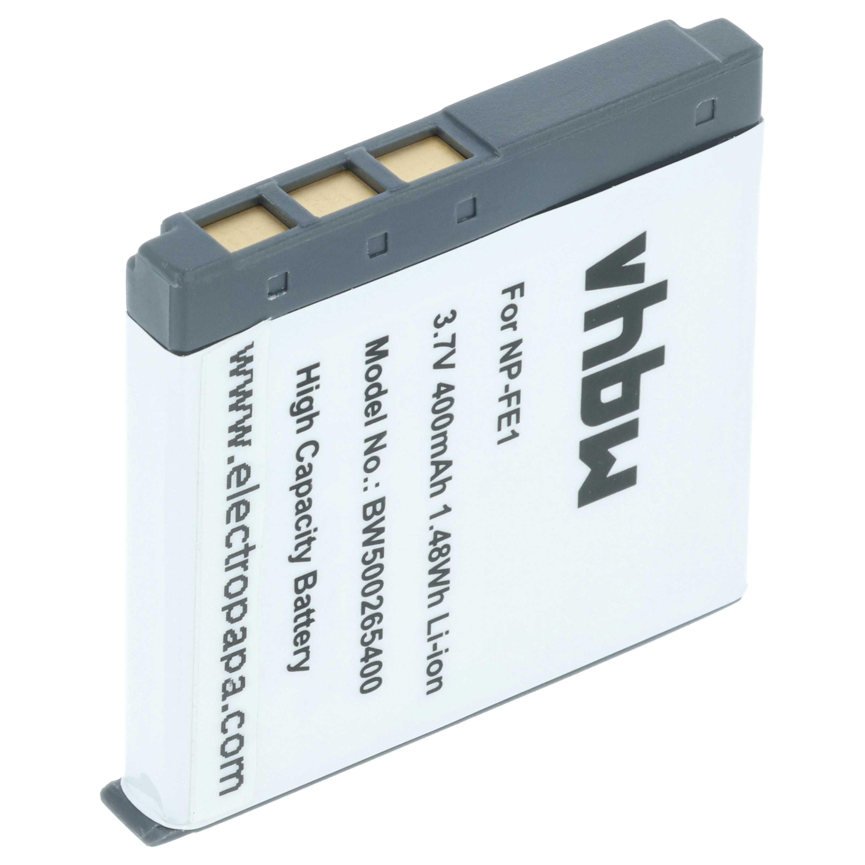 Ein rechteckiger Akku mit grauem Oberteil und weißem Etikett. Der Text enthält 'vhbw', '3,7V', '400mAh' und 'electropapa.com'.