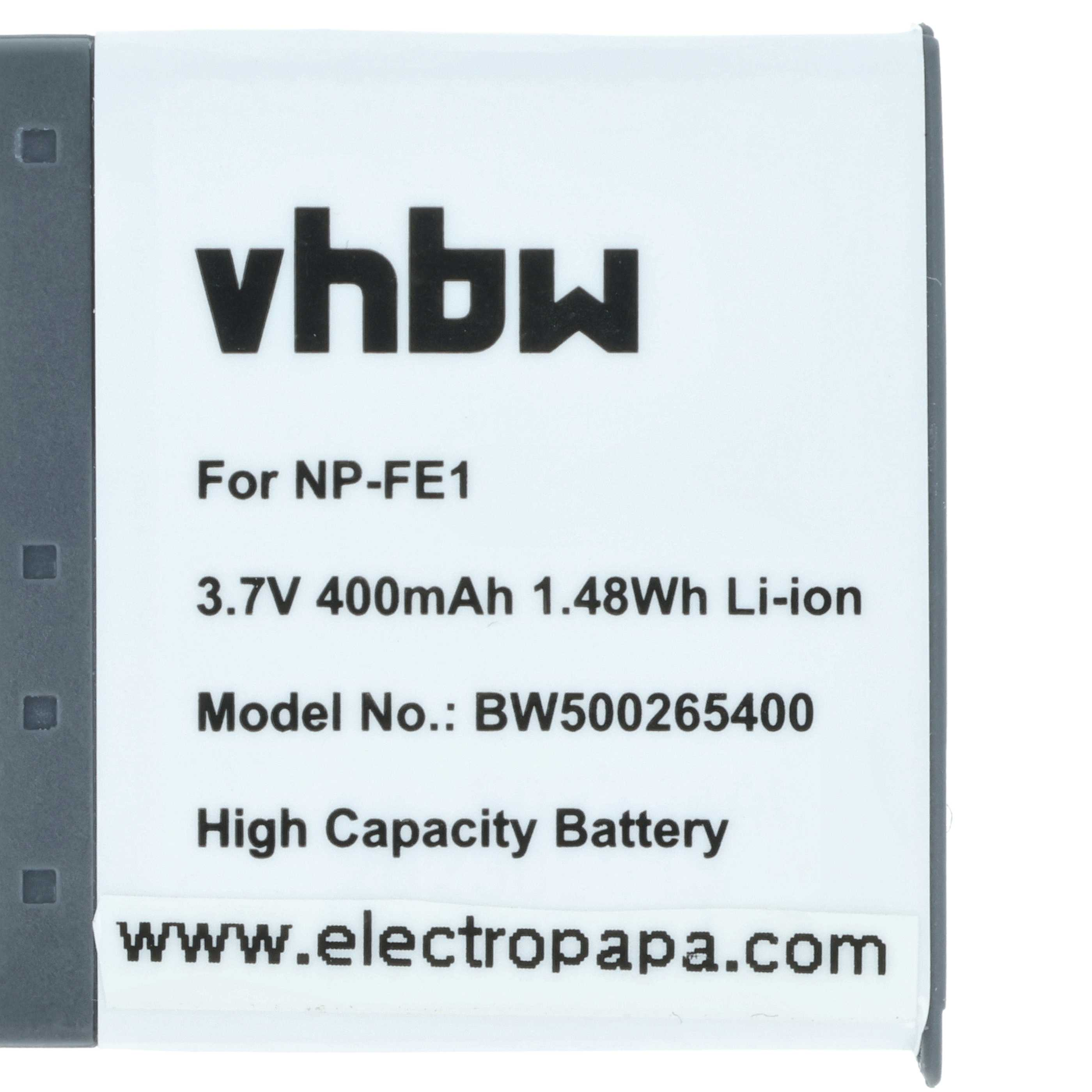 Ein weißer Akku mit schwarzem Text, Marke vhbw. Spezifikationen: 3,7 V, 400 mAh, Li-Ion. Modell BW500265400. Website: www.electropapa.com.