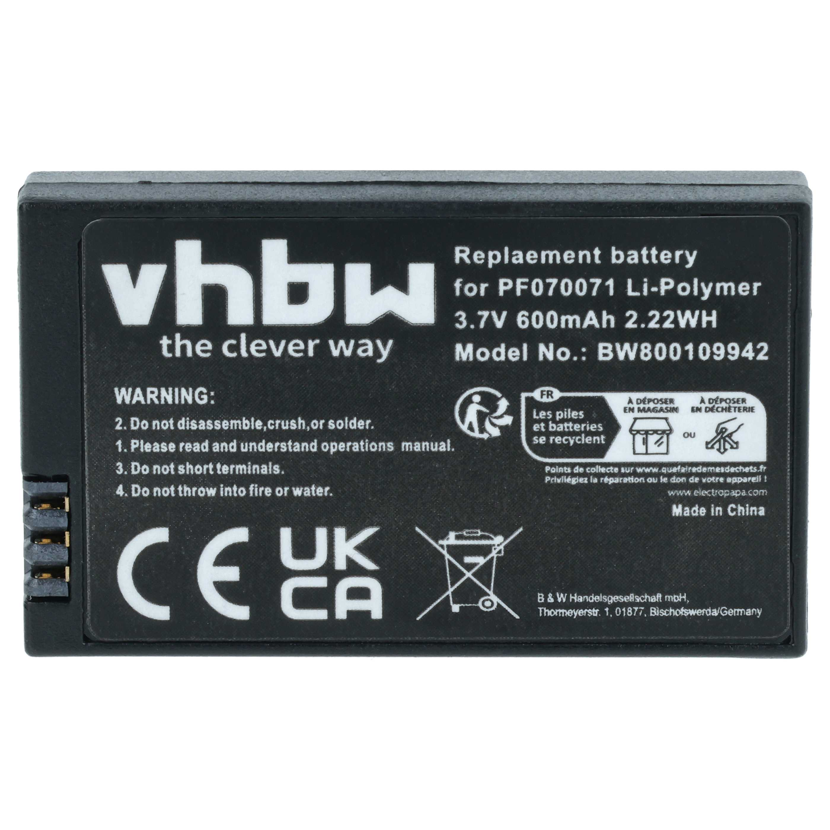 Schwarzer Akku mit weißem Text. Er trägt die Aufschrift 'vhbw' und 'Ersatzbatterie'. Enthält Warnhinweise und Recyclingsymbole.