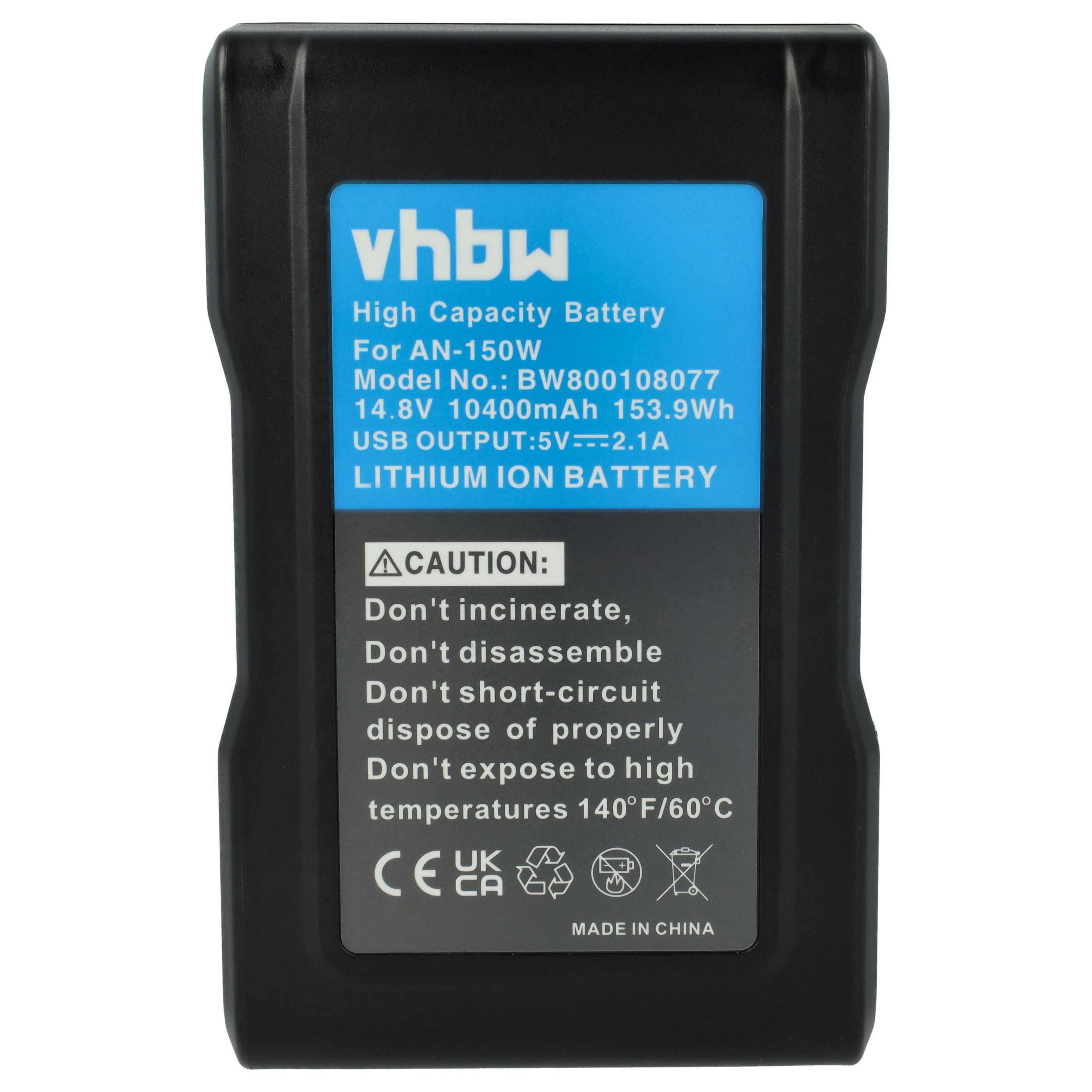 Schwarzer Akku mit blauem Etikett. Text enthält 'High Capacity Battery', Warnhinweise und technische Daten.