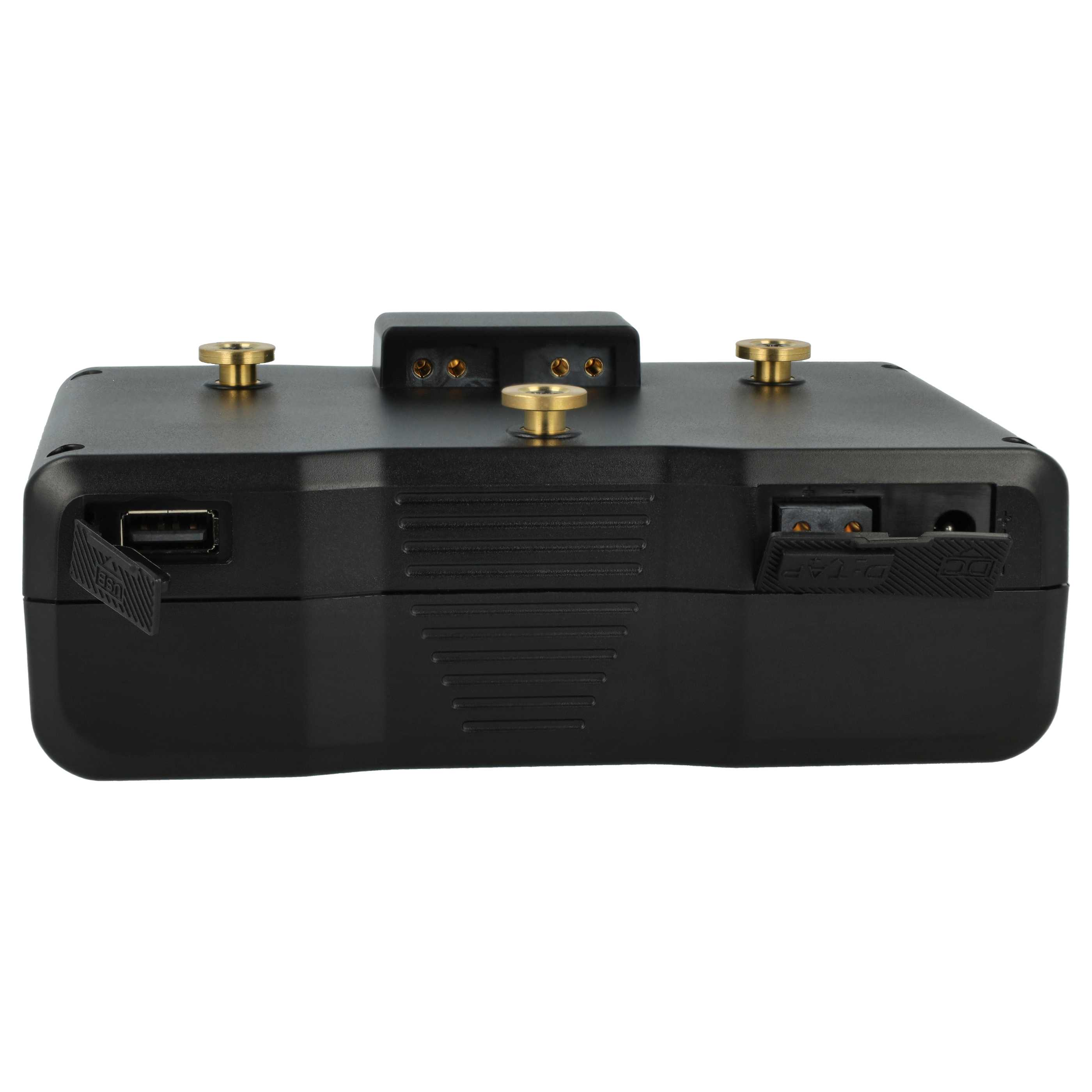 Schwarzes Gerät mit goldfarbenen Anschlüssen, USB-Anschluss und D-Tap-Anschluss. Oberseite hat goldfarbene Knöpfe.