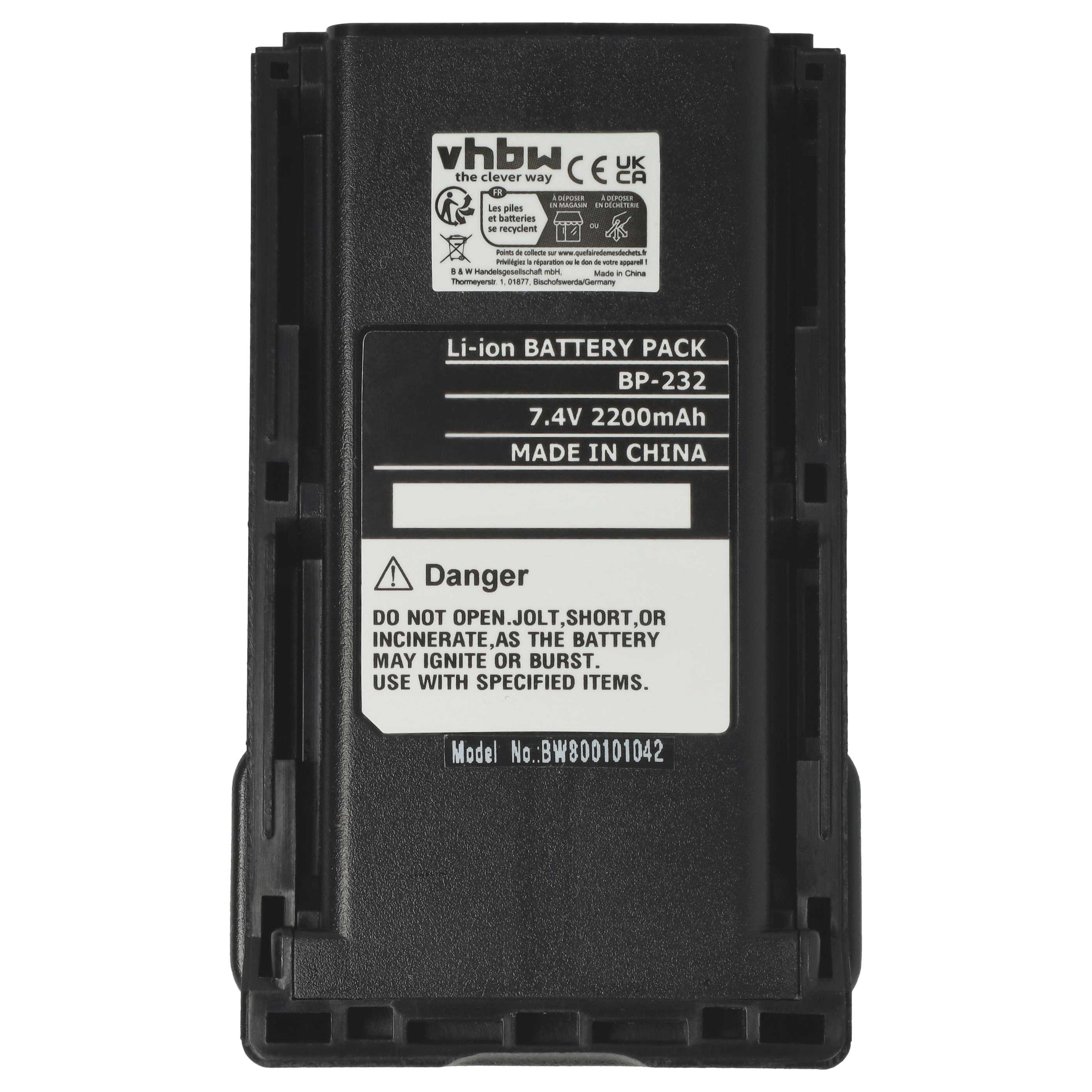 Schwarzer Li-Ionen-Akkupack mit Etiketten, Warnhinweisen und Modellnummer. Text enthält 'BP-232', '7.4V 2200mAh' und 'Made in China'.