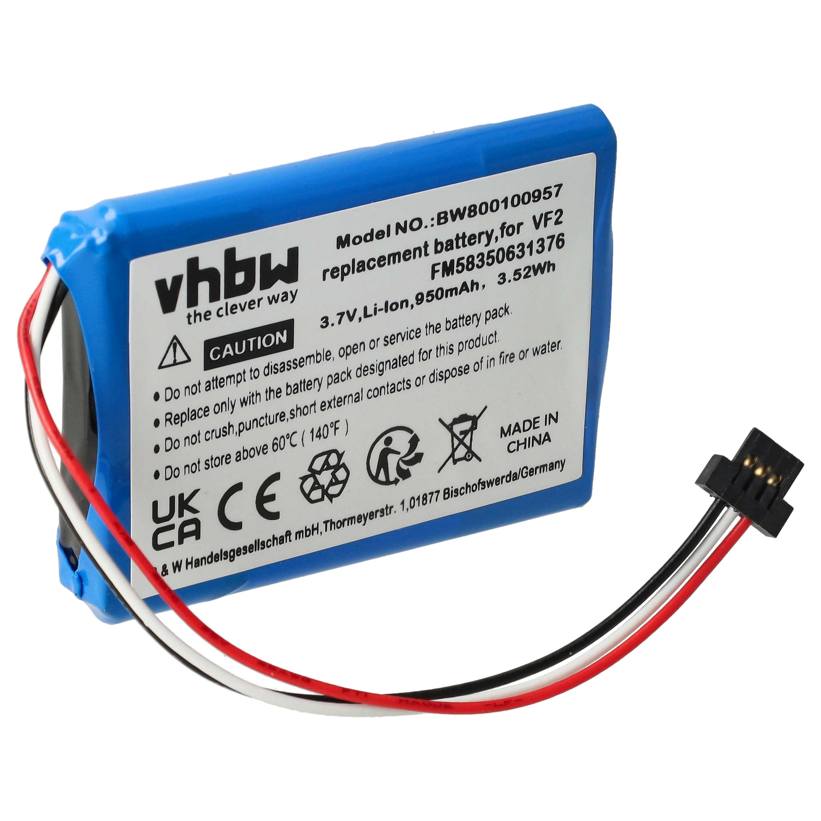 Blauer Akku mit weißem Etikett, schwarzen und roten Drähten und einem schwarzen Stecker. Text enthält Warnungen und Spezifikationen.