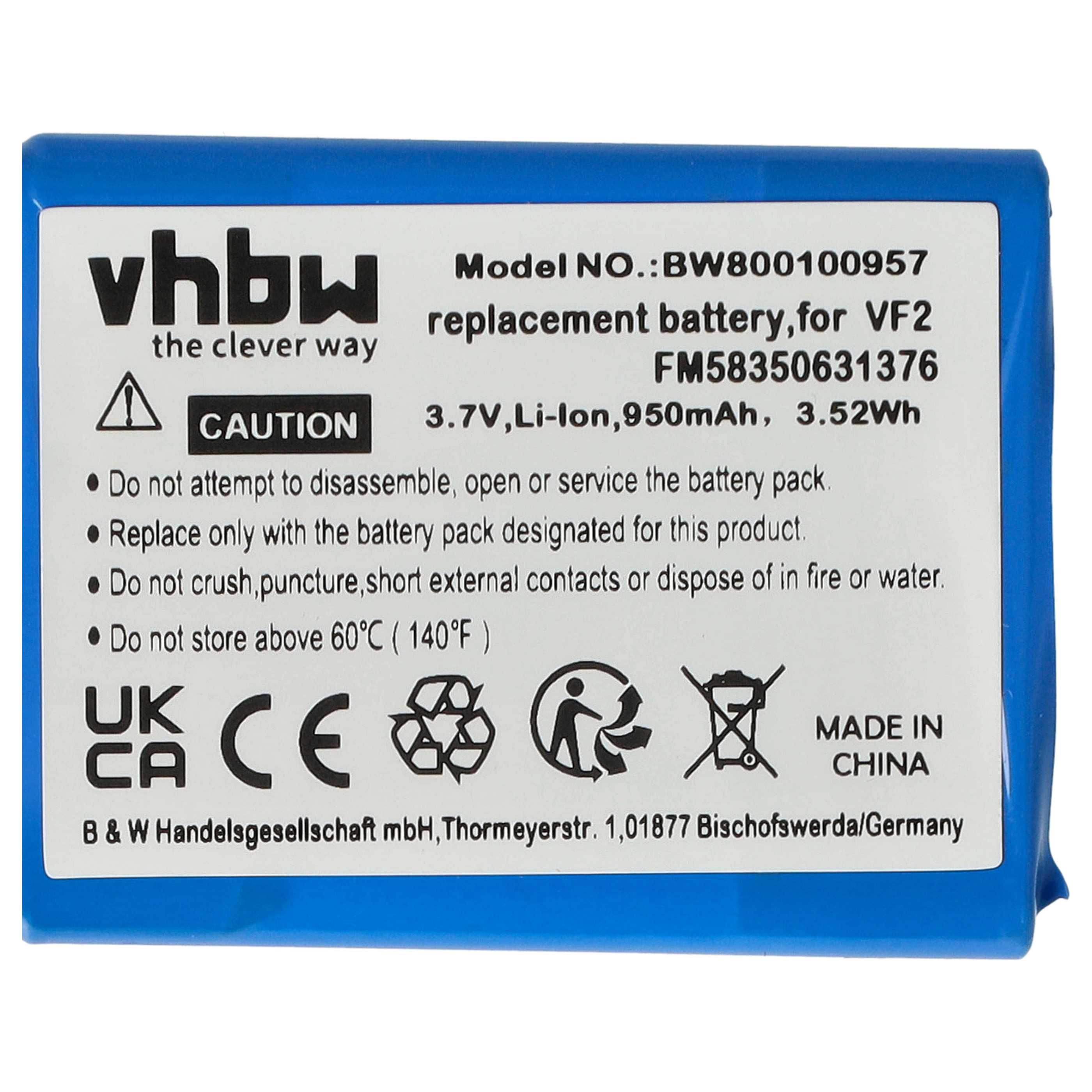 Blaues Batterieetikett mit weißem Text. Es warnt vor Demontage und listet Modell- und Sicherheitsinformationen auf.
