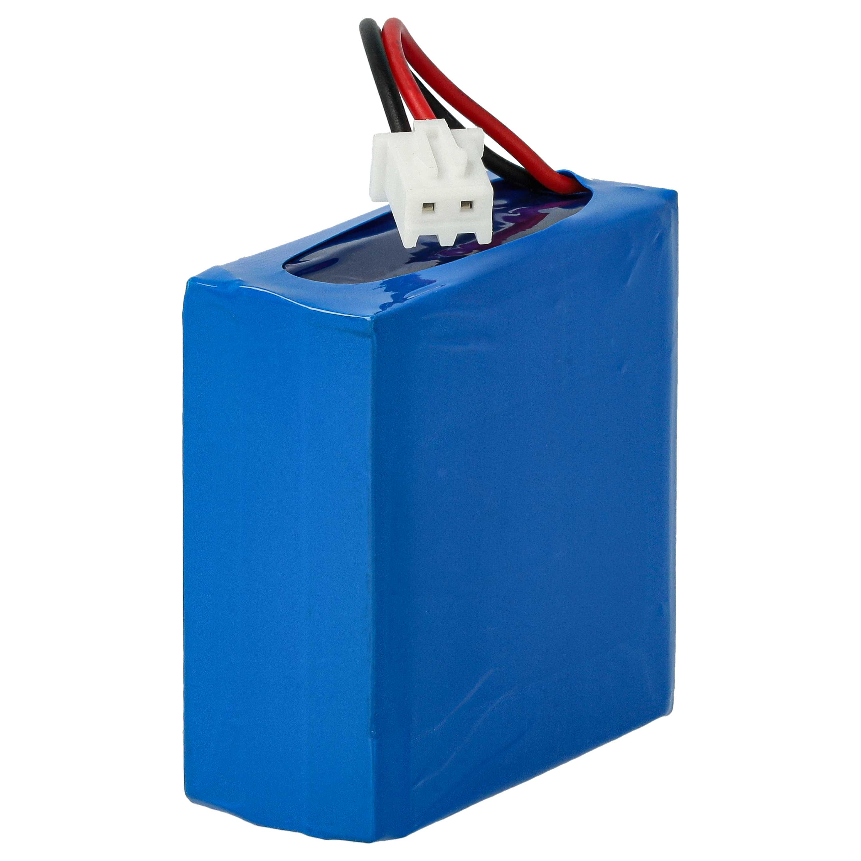Ein blaues Batteriemodul mit weißem Stecker und roten und schwarzen Drähten auf weißem Hintergrund.