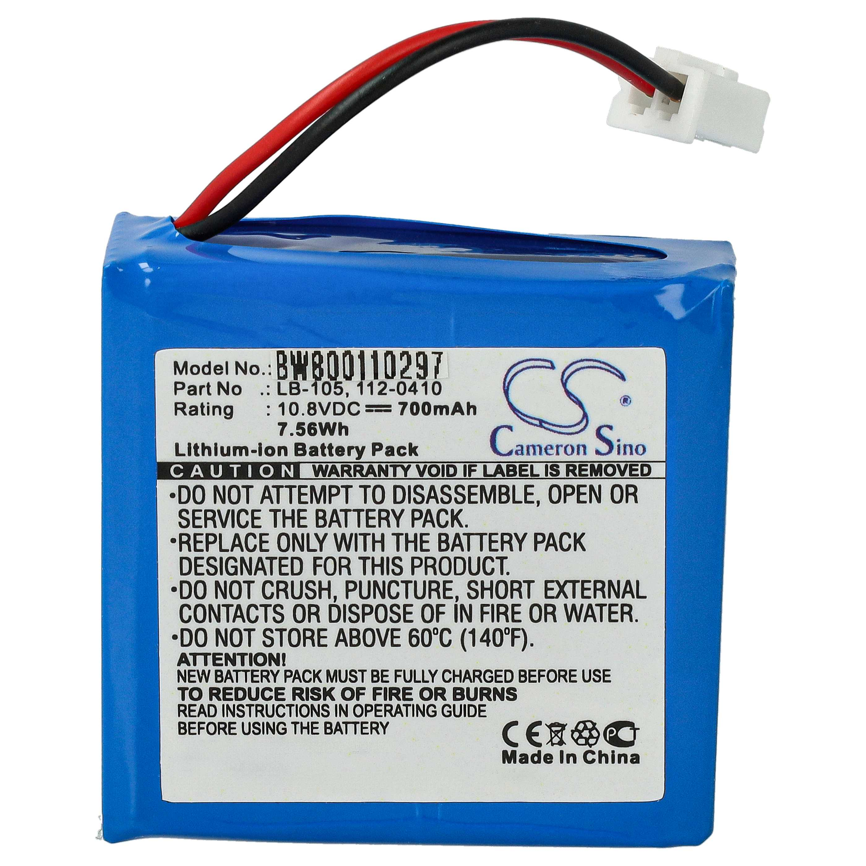 Ein blauer Akku mit schwarzen und roten Drähten und einem weißen Stecker. Textetiketten liefern technische Informationen.