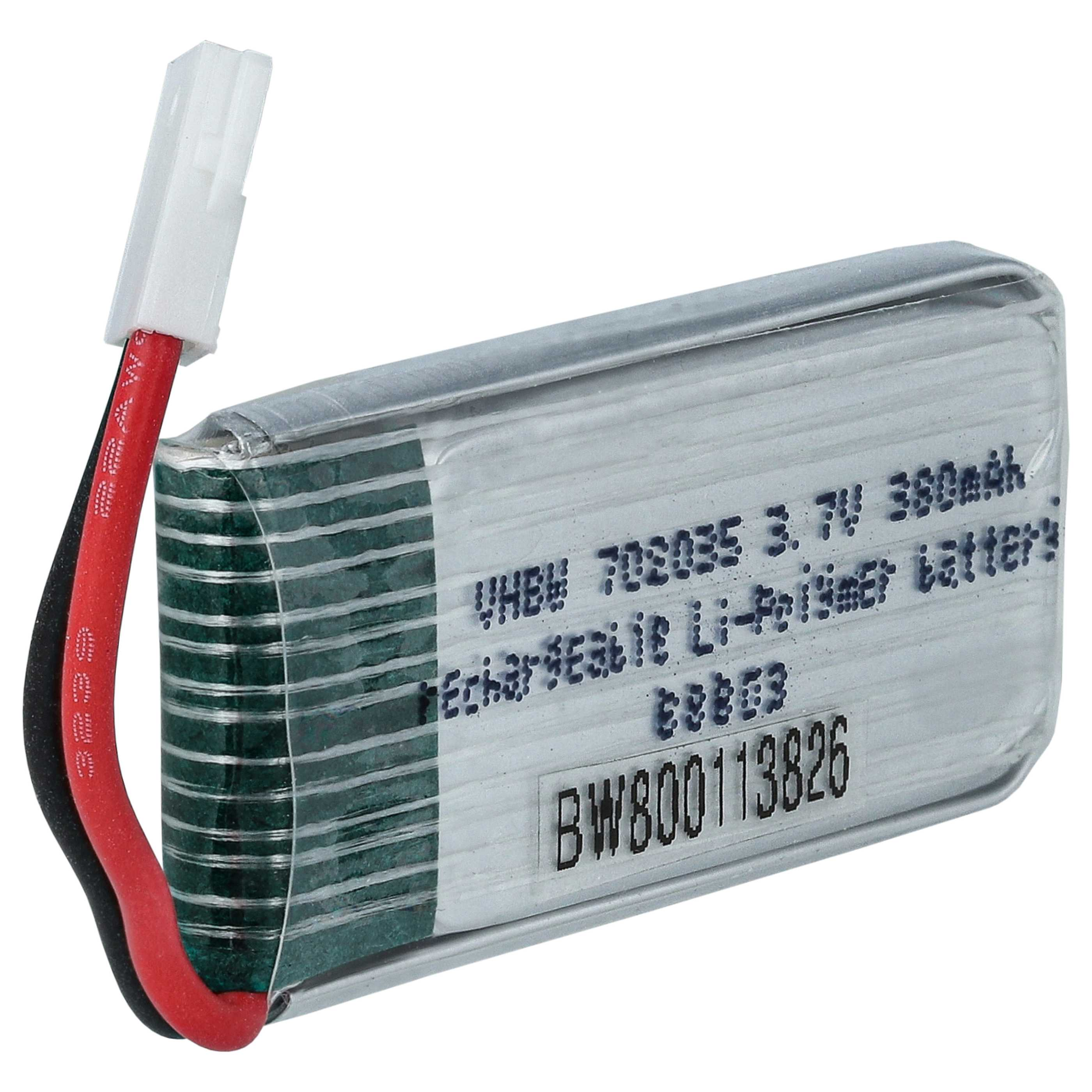Ein rechteckiger Akku mit weißem Stecker und rot/schwarzen Drähten. Er hat Text, darunter '3,7V 350mAh' und 'BW800113826'.