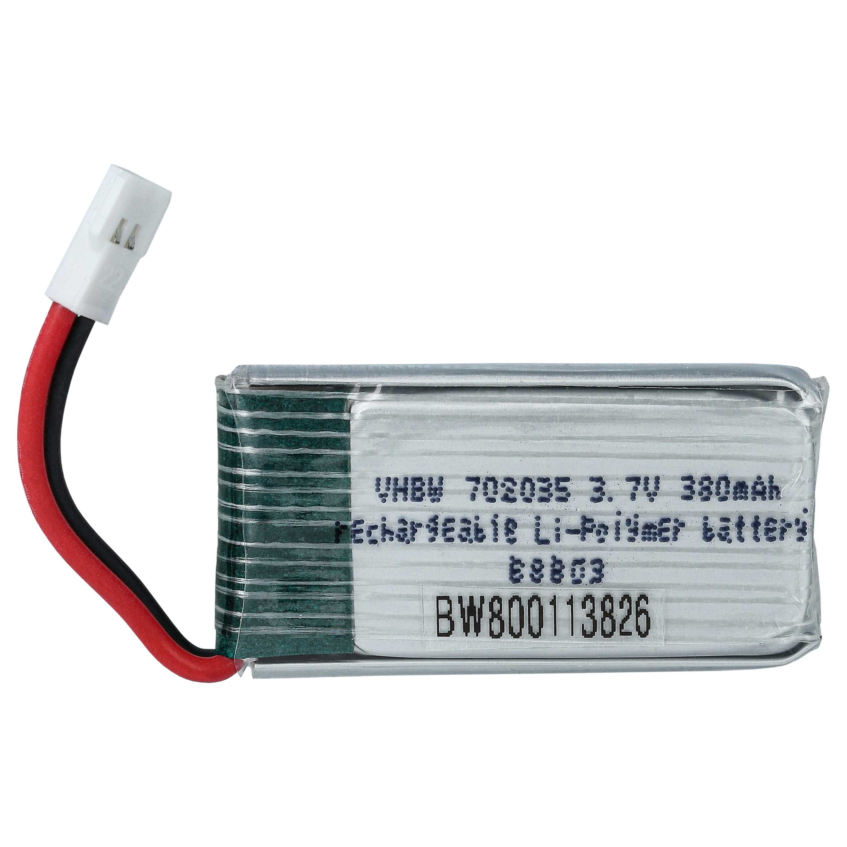 Ein kleiner Akku mit Text, einem weißen Stecker und rot/schwarzen Drähten.