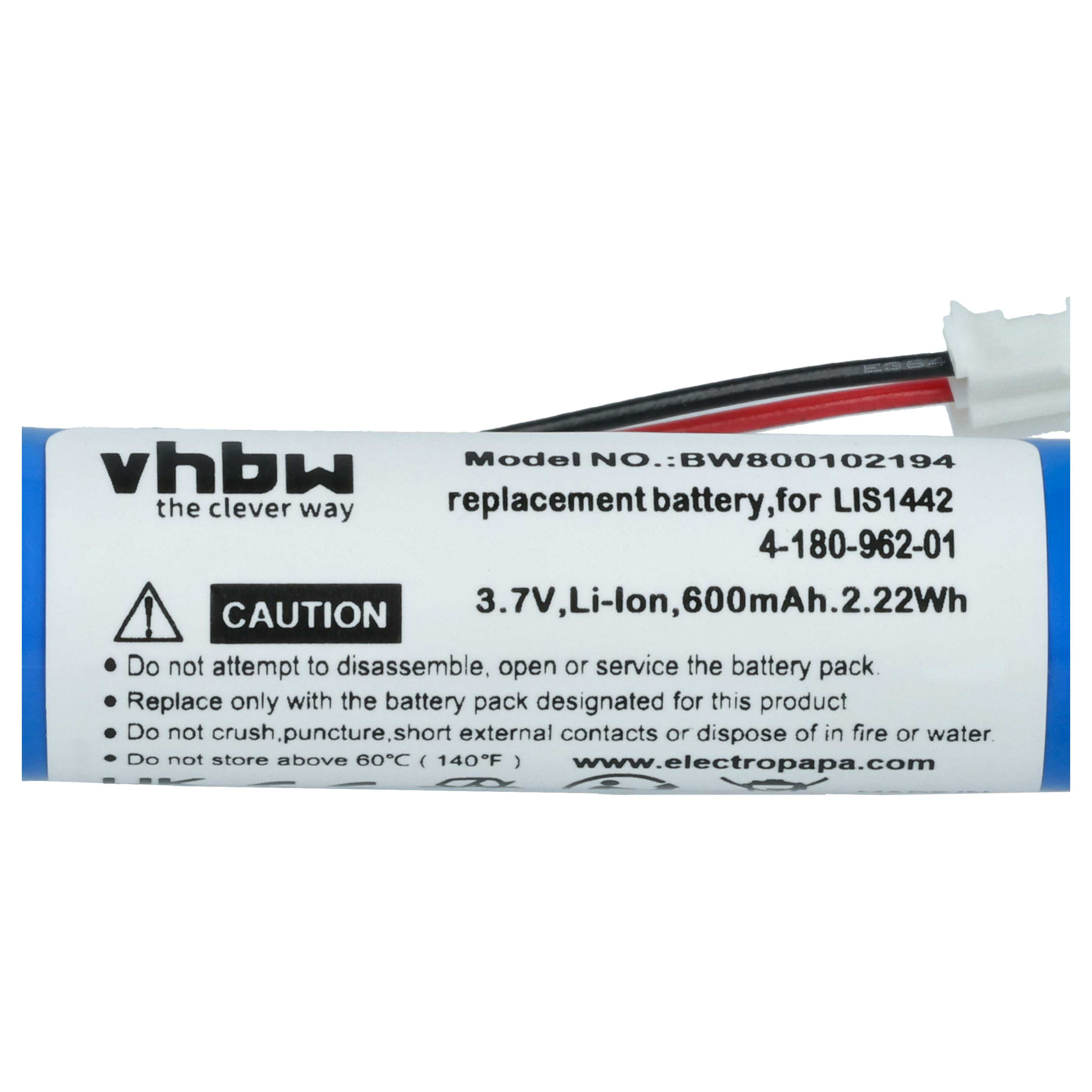 Batterieetikett mit Warnhinweisen und Spezifikationen, mit vhbw-Logo und Modelldetails.