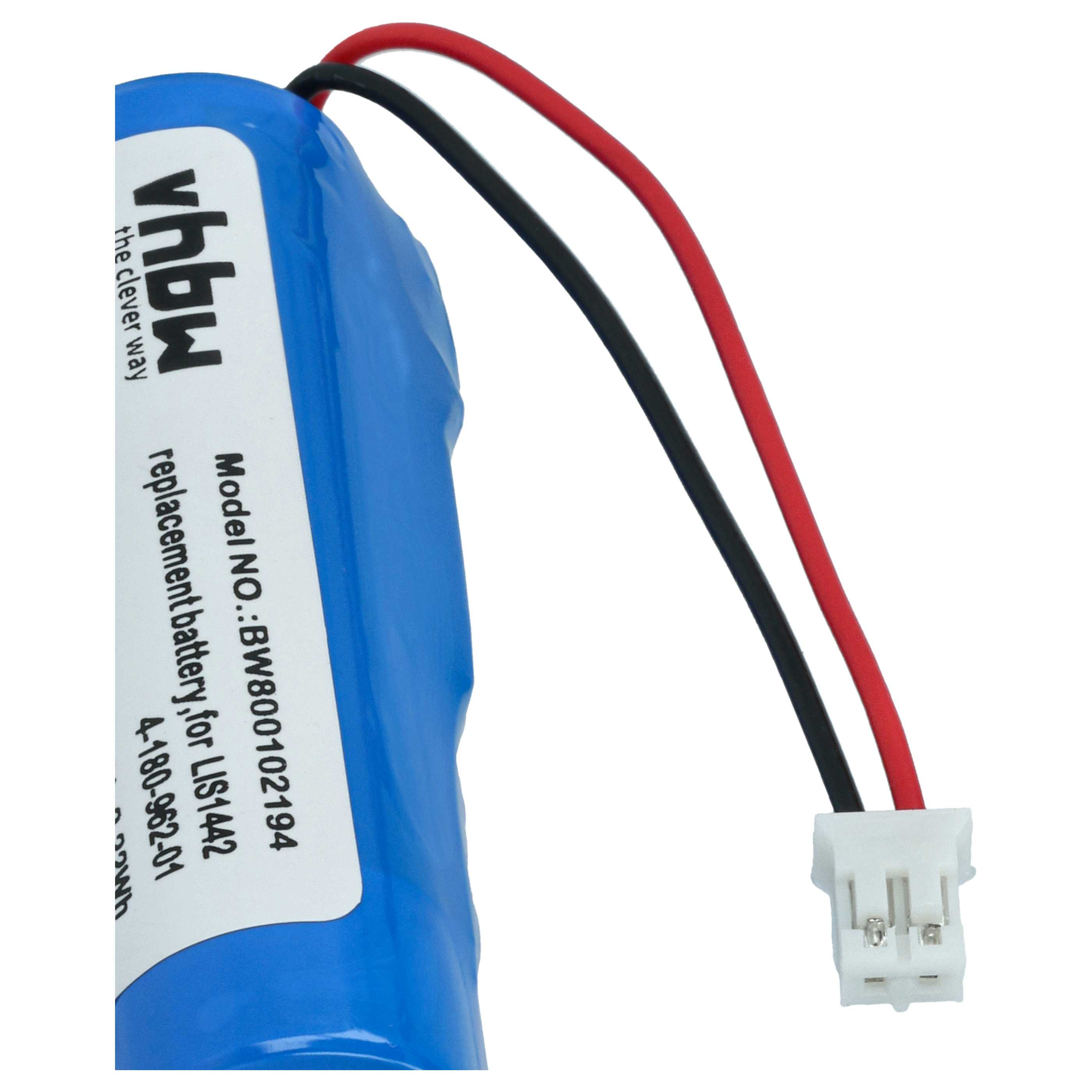 Ein blauer Akku mit schwarzen und roten Drähten, die mit einem weißen Stecker verbunden sind. Text: Ersatzbatterie.