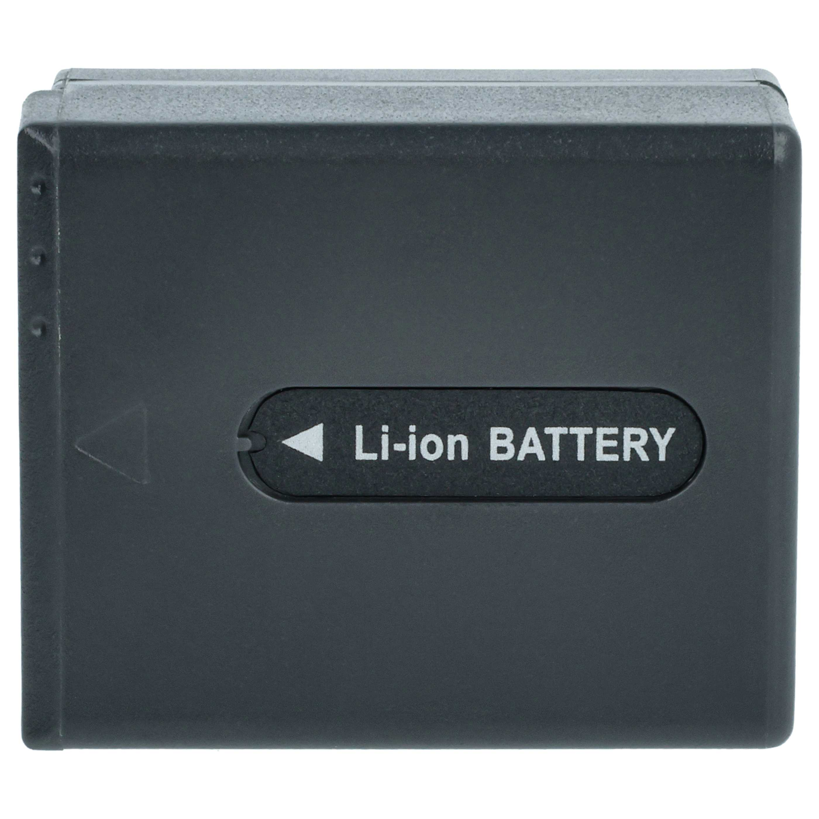 Ein rechteckiger, dunkelgrauer Li-Ionen-Akku. Er hat ein Etikett mit dem Text 'Li-ion BATTERY'. Ein weißes Dreieck ist vorhanden.