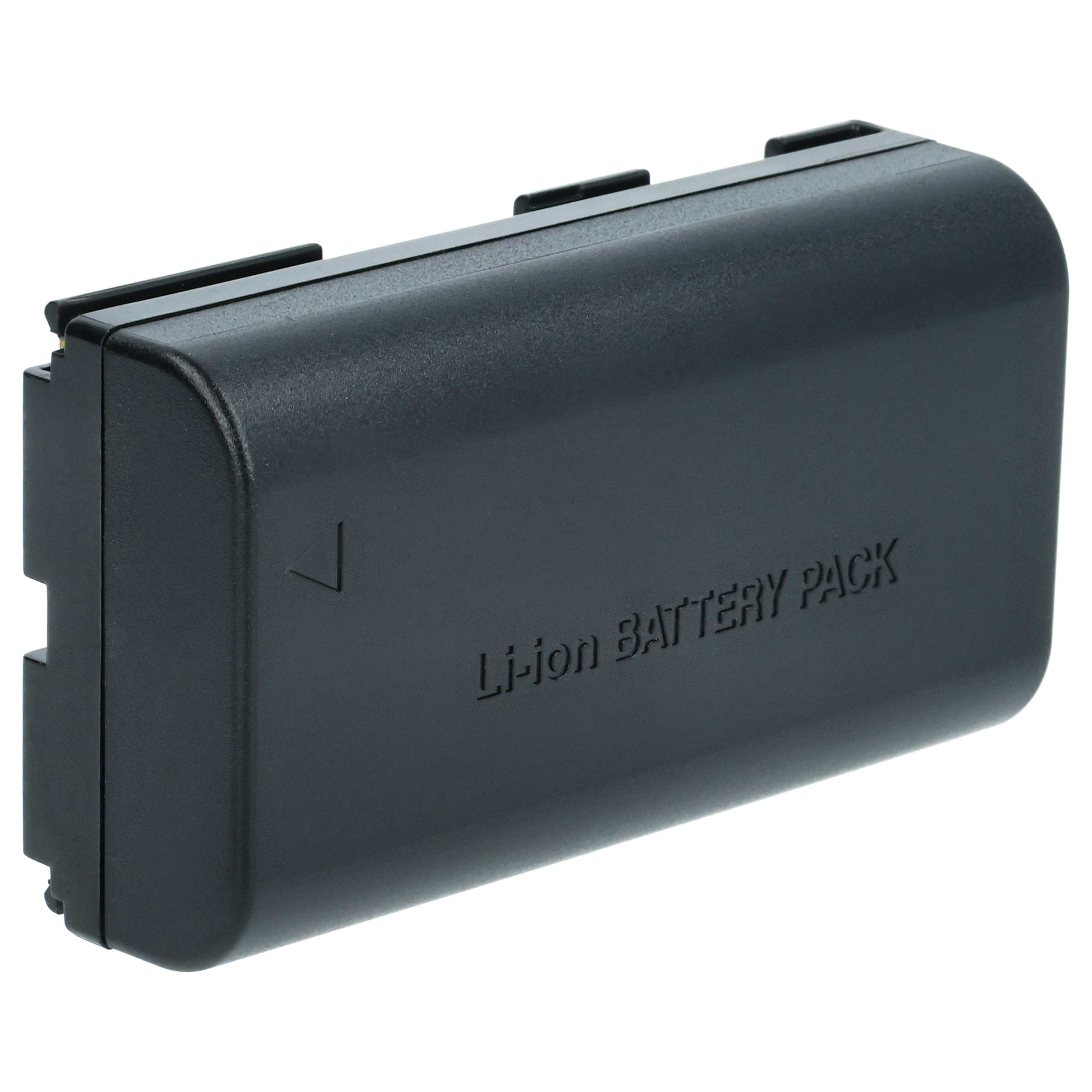 Schwarzer Li-Ionen-Akkupack. Die Worte "Li-ion BATTERY PACK" sind geprägt. Weißer Hintergrund.