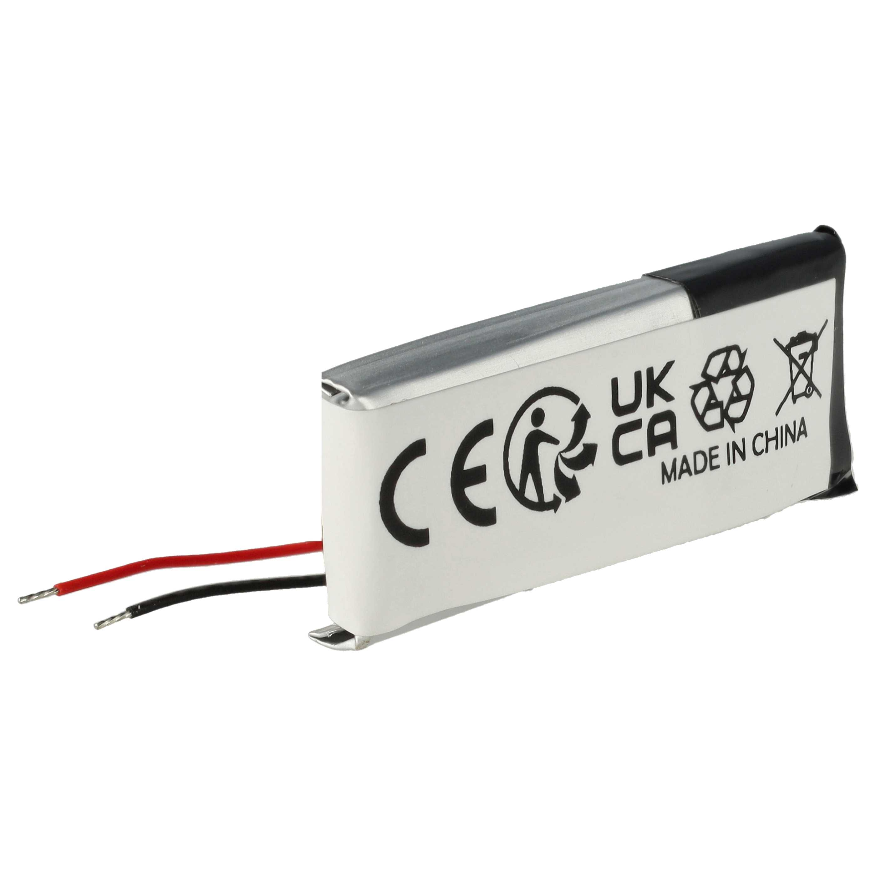 Una batteria bianca con fili neri e rossi. Ha i marchi CE, UK CA e Made in China. La parte superiore è argentata e nera.