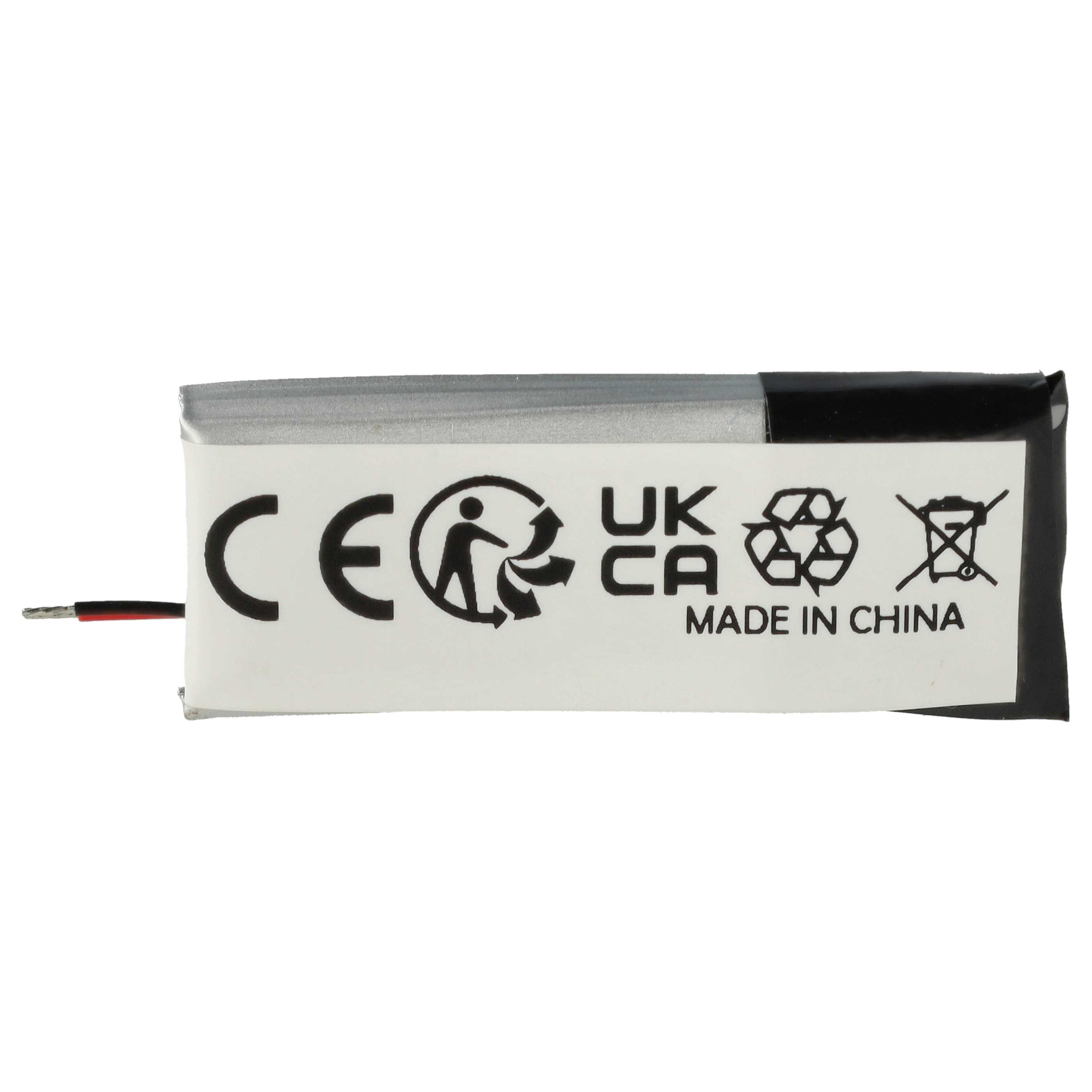Una batteria con etichette tra cui CE, simbolo di riciclaggio, UKCA, simbolo del cestino barrato e Made in China.