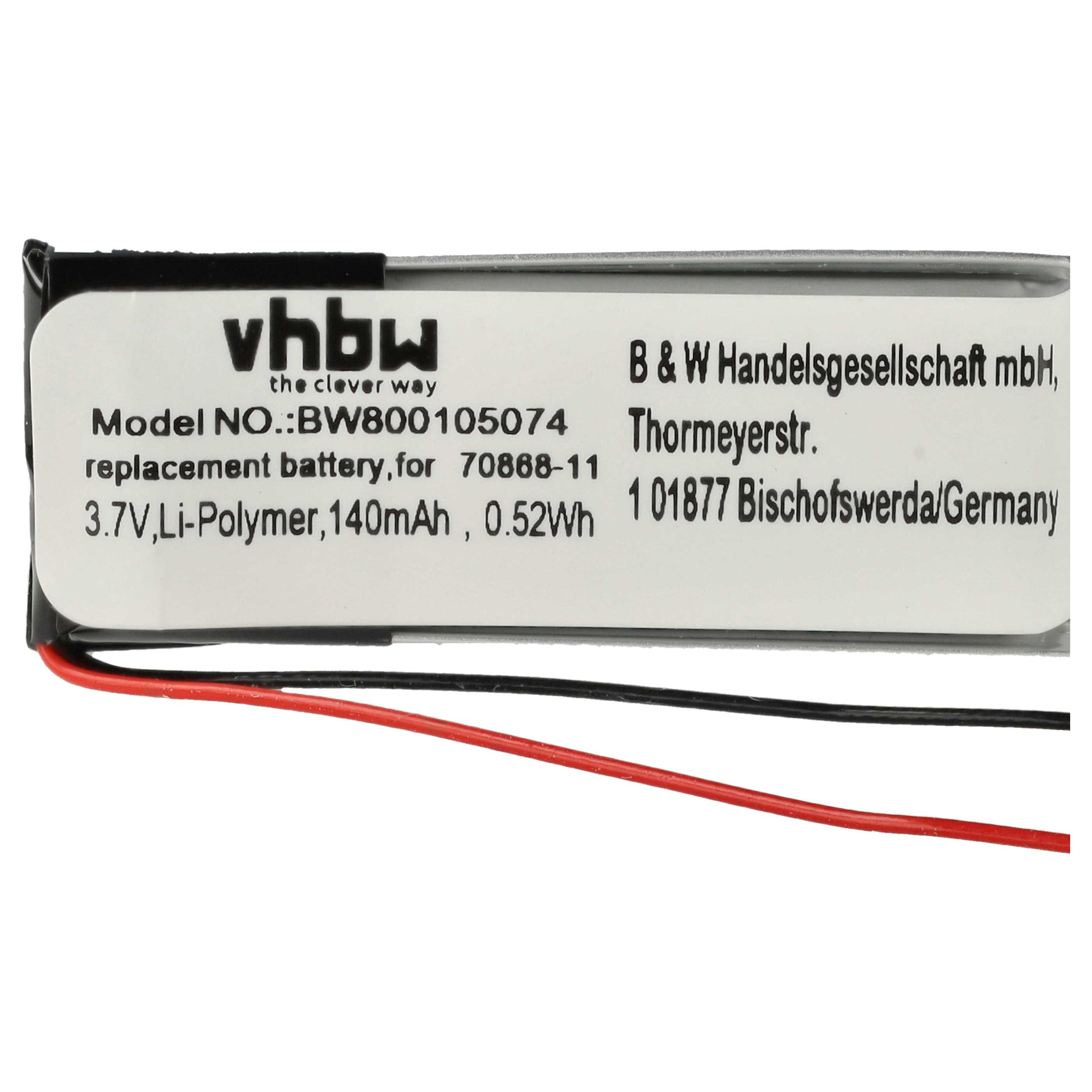 Un'etichetta con testo come 'vhbw' e specifiche della batteria. Fili rossi e neri visibili in basso.