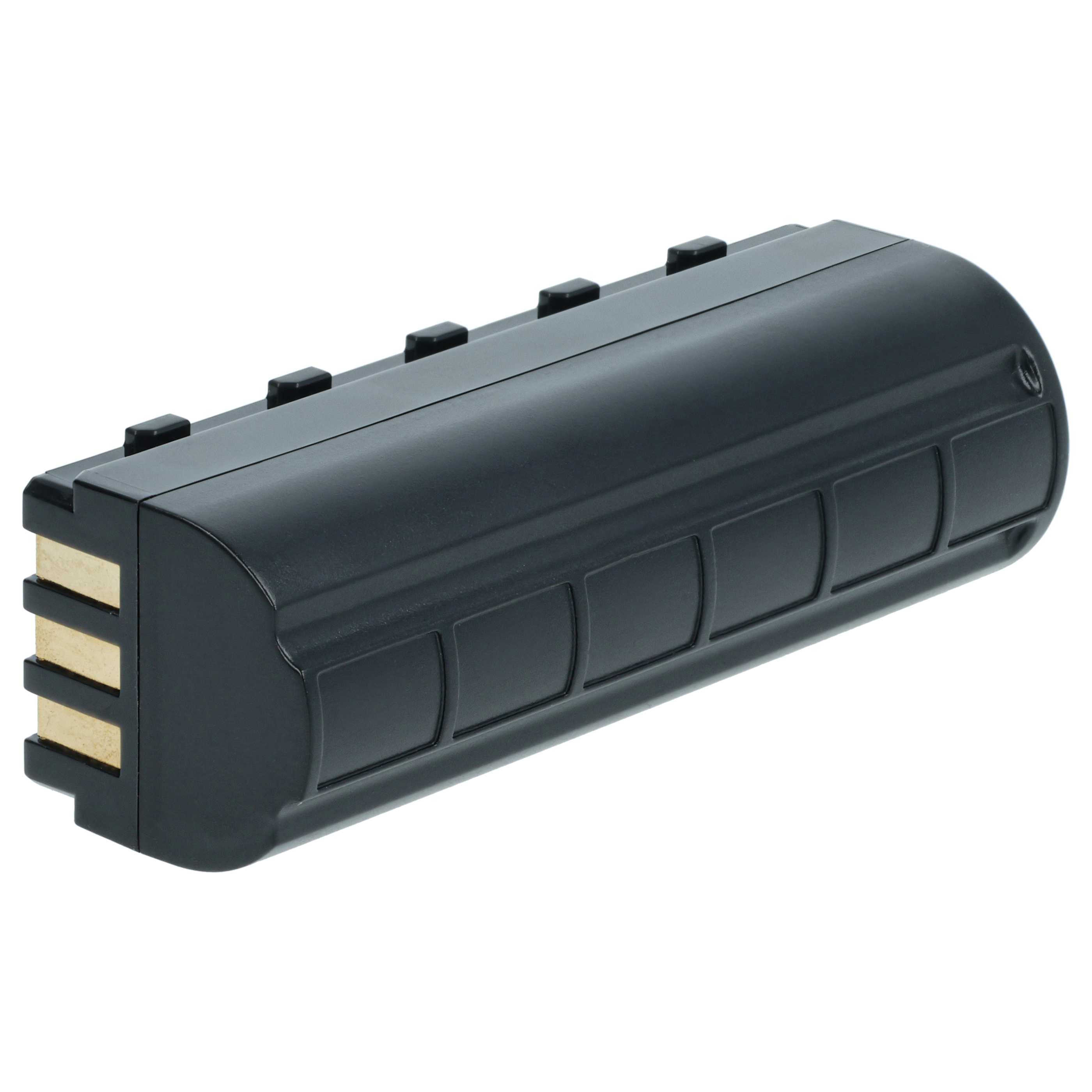 Una batteria nera rettangolare con connettori dorati e sezioni rialzate sul corpo, su sfondo bianco.
