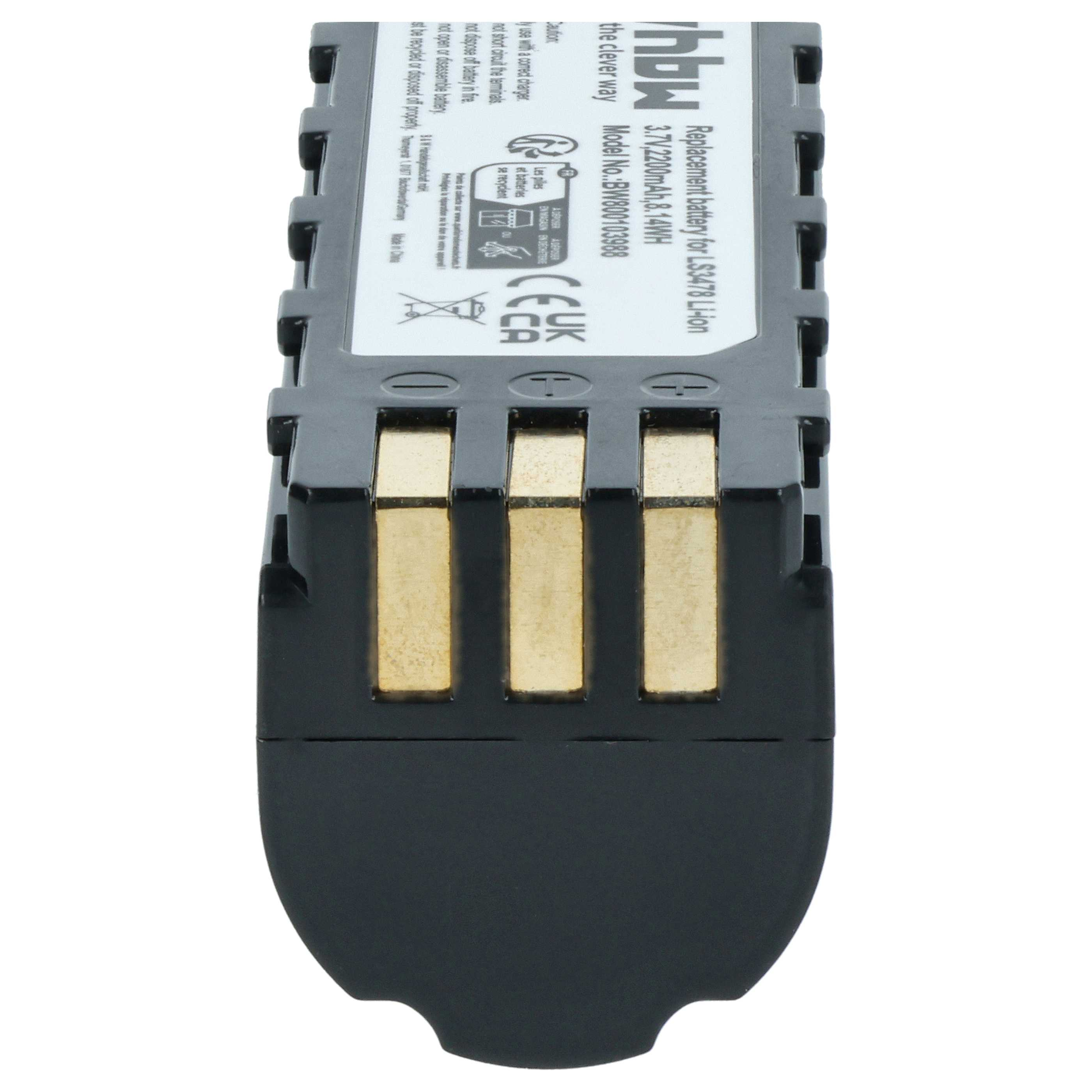 Una batteria nera e grigia con connettori dorati. Il testo indica una batteria di ricambio per LS3478 Li-ion.