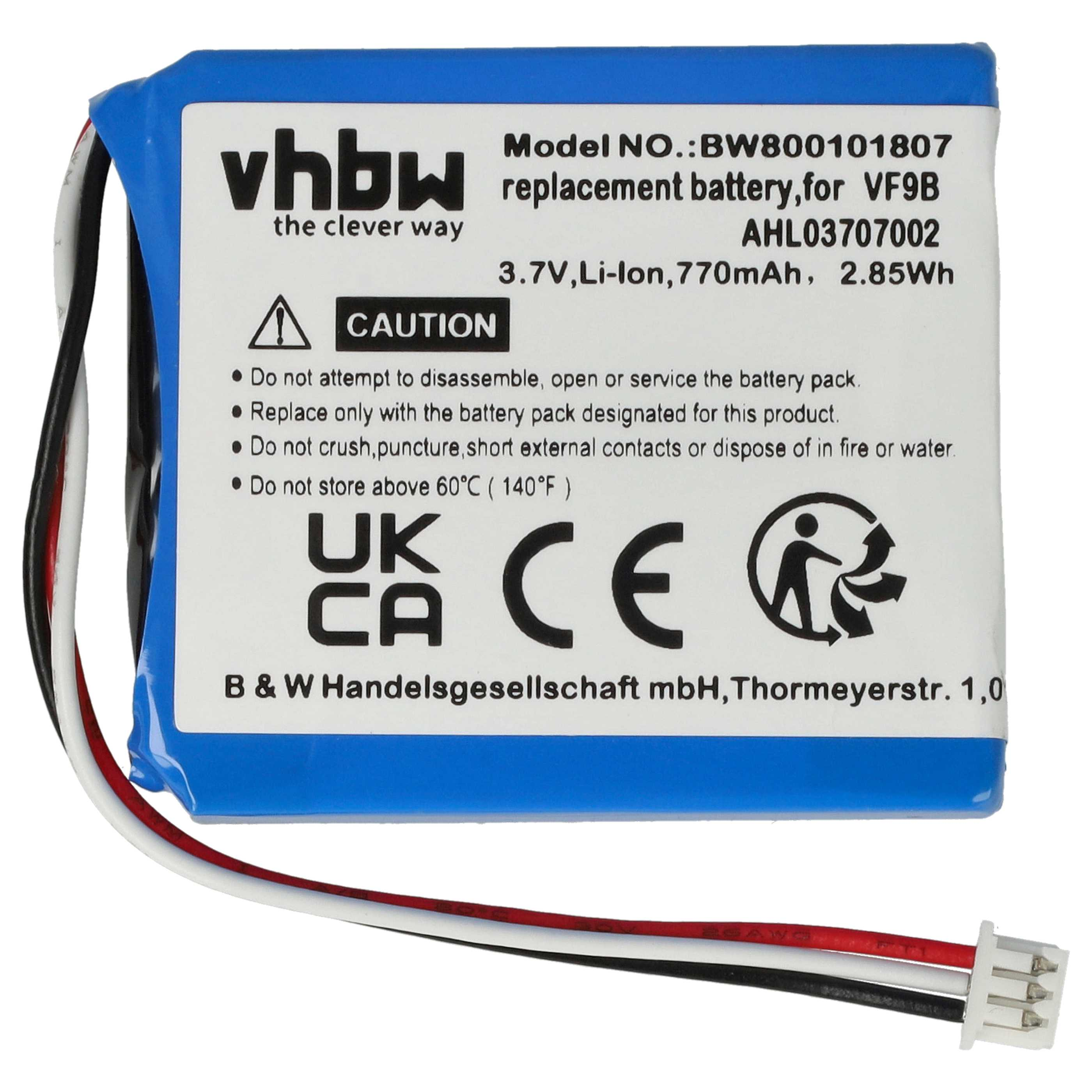 Ein blauer Akku mit weißem Text. Es hat ein Warnschild. Drähte und ein Stecker sind unten angebracht.