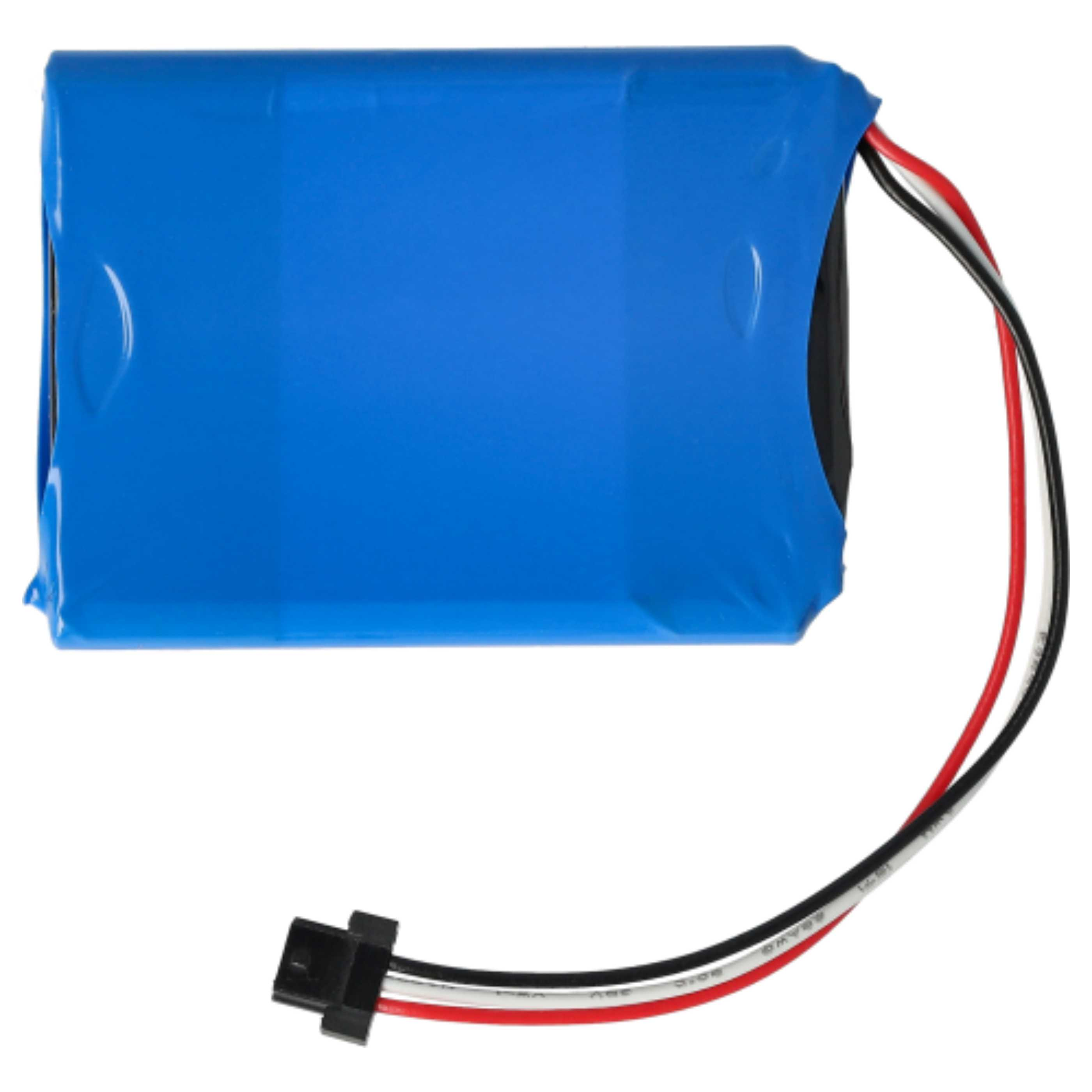 Ein blauer rechteckiger Akku mit schwarzen, roten und weißen Drähten, die mit einem schwarzen Stecker verbunden sind.