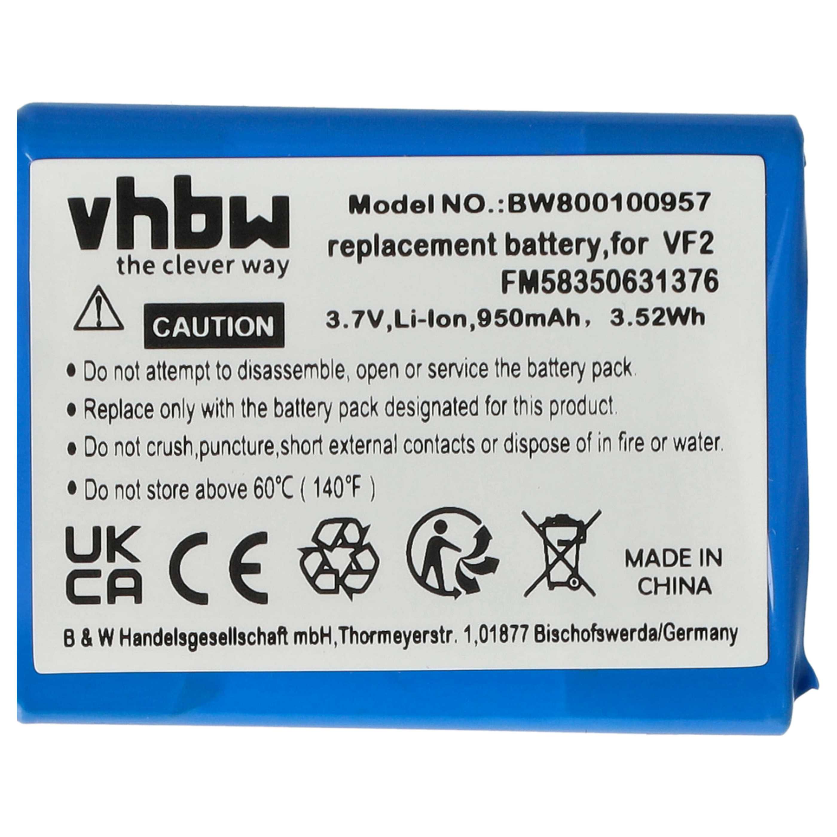 Blaues Batterieetikett mit weißem Text. Es enthält Warnungen und Spezifikationen, einschließlich Spannung und Modellnummer.