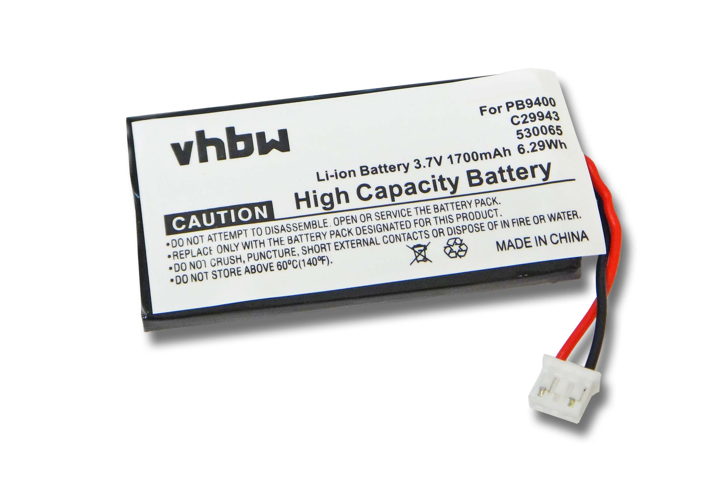 Ein Batterieetikett mit Text in Englisch und Chinesisch. Es enthält Warnungen und Spezifikationen. Rote und schwarze Drähte sind angebracht.