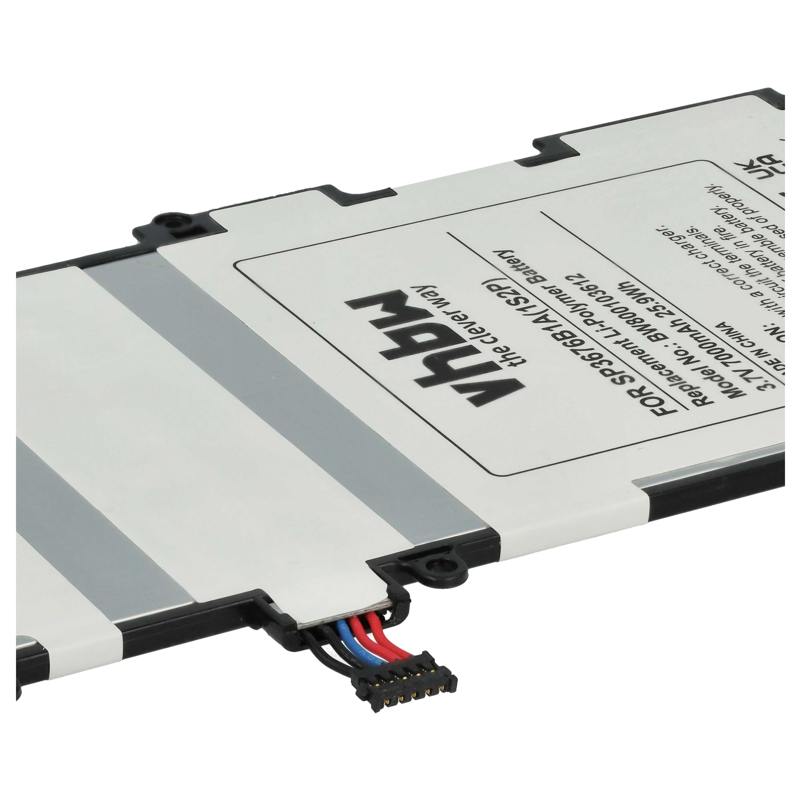 Ein Akku mit der Aufschrift 'vhbw the clever way' und einem Stecker mit farbigen Kabeln. Der Akku hat weiße und graue Streifen.