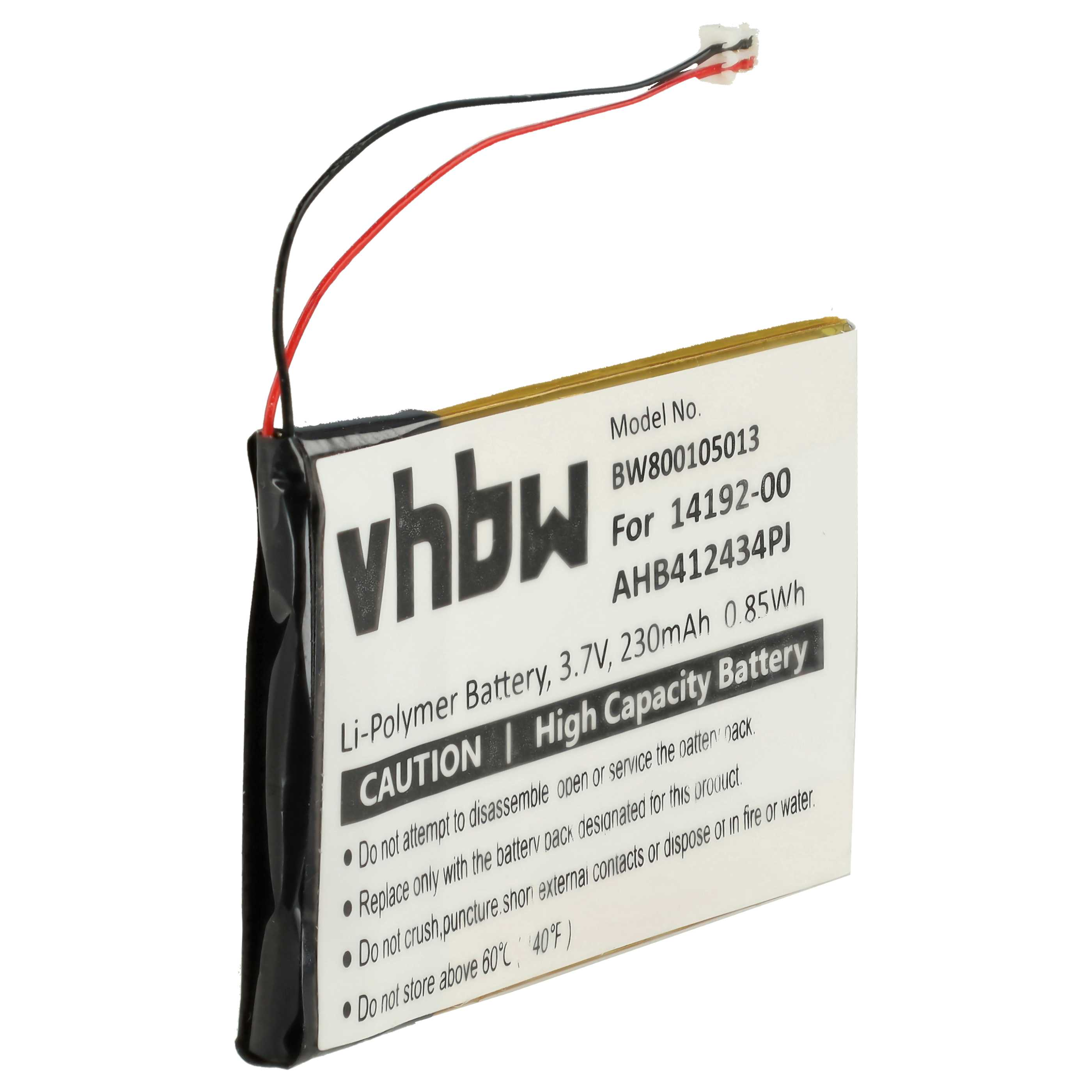 Una batteria rettangolare con fili neri e rossi. Il testo include 'vhbw', modello ed etichette di avvertimento.