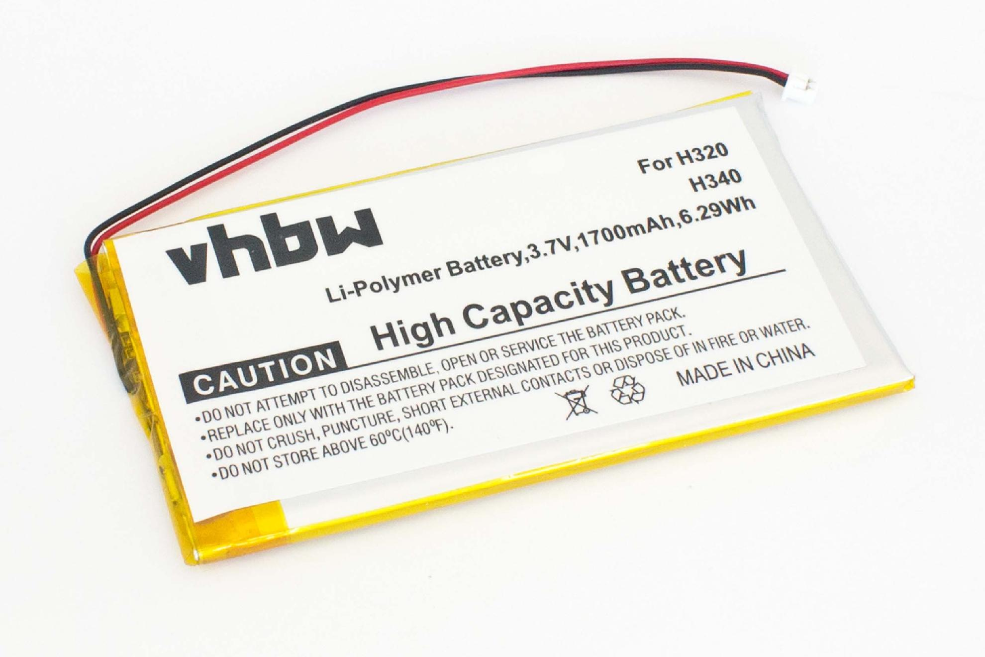 Ein Akkupack mit Text. Es steht 'High Capacity Battery' und 'Caution'. Es hat rote, schwarze Drähte. Hergestellt in China.