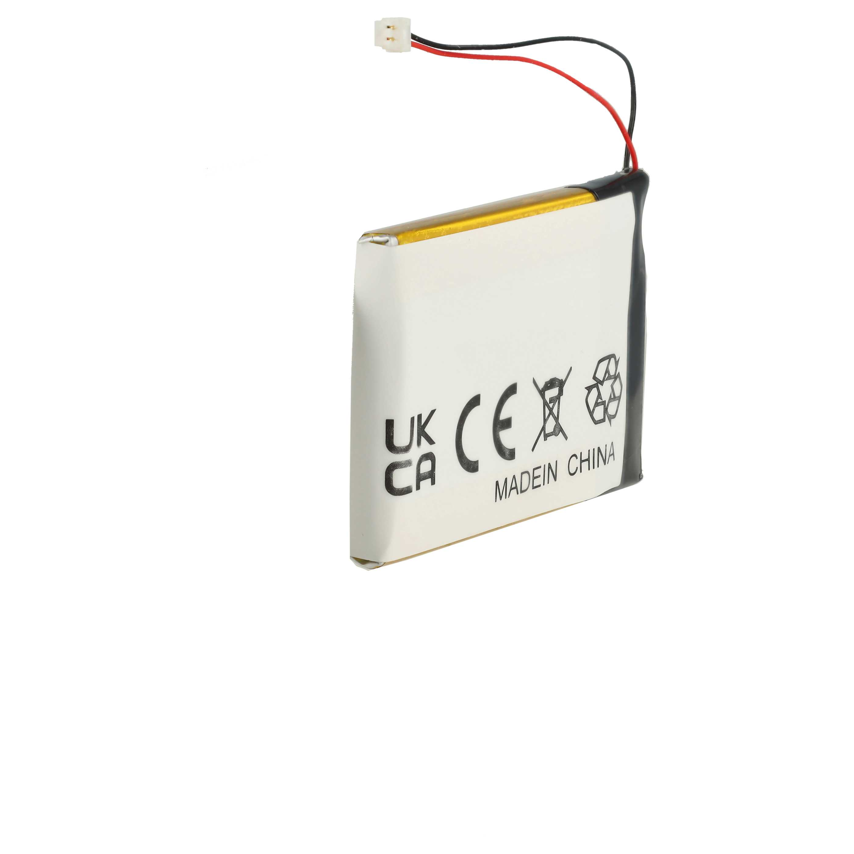 Una batteria rettangolare con fili, bordi bianchi e gialli e testo, su sfondo bianco.