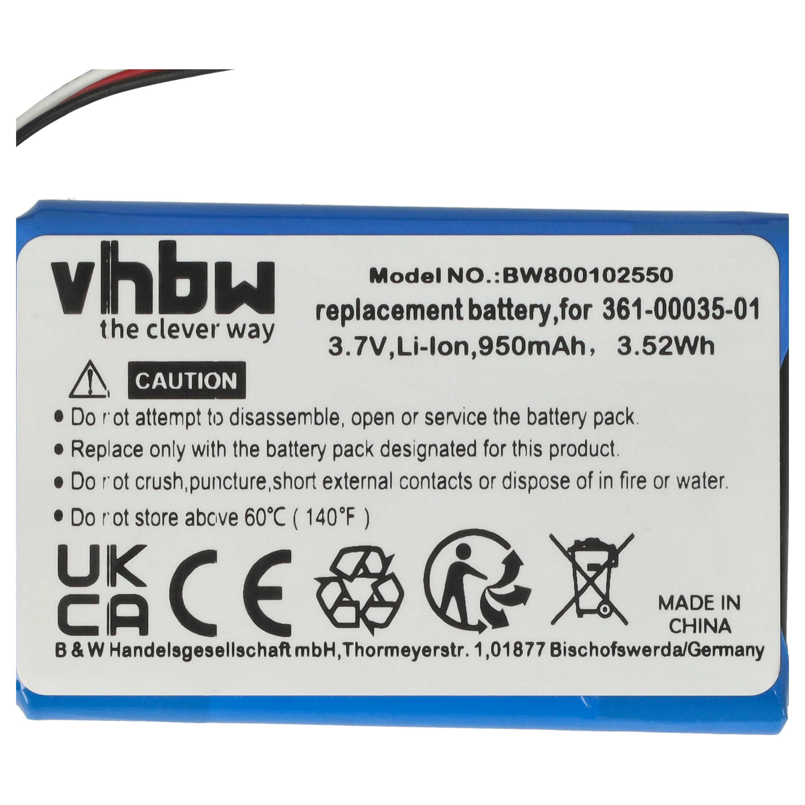 Blau-weißes Batterieetikett. Text enthält 'vhbw', 'VORSICHT', Modell, Spannung und Sicherheitshinweise.