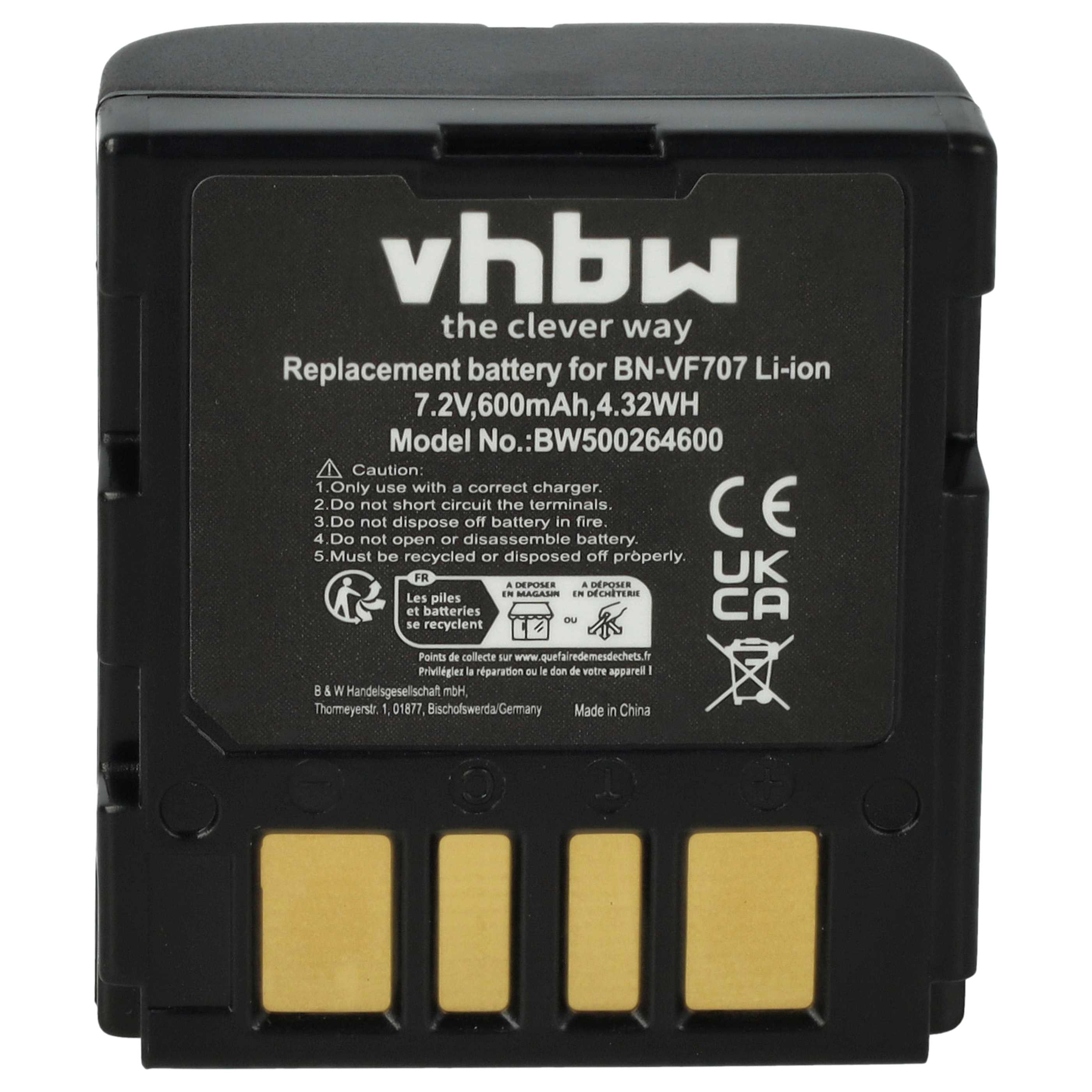 Schwarzer vhbw-Akku mit weißem Text. Er hat Warnhinweise und Recycling-Symbole, sowie goldene Kontaktflächen.