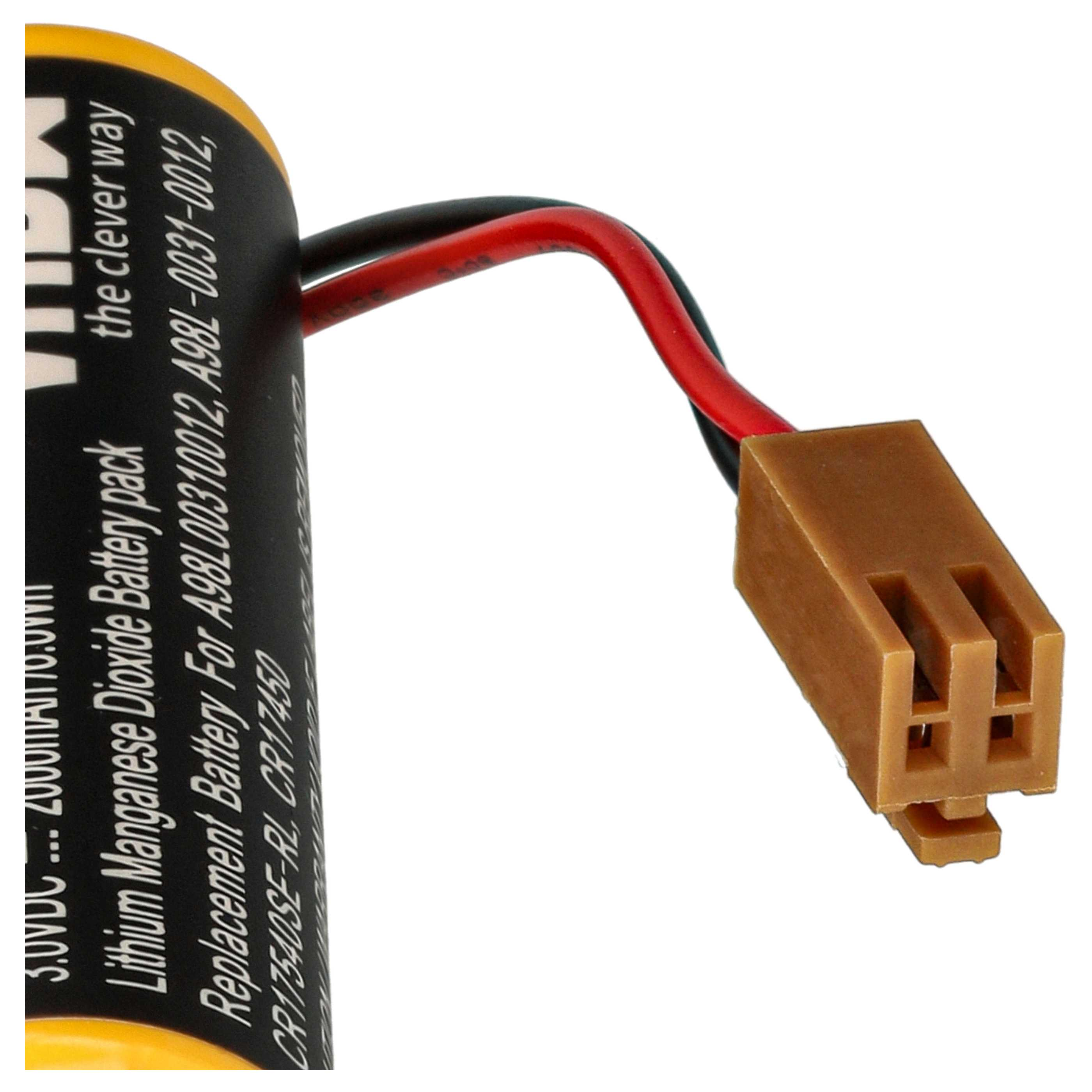 Eine zylindrische Batterie mit einem braunen Stecker und Drähten. Der Text auf der Batterie lautet Lithium Manganese Dioxide Battery pack.