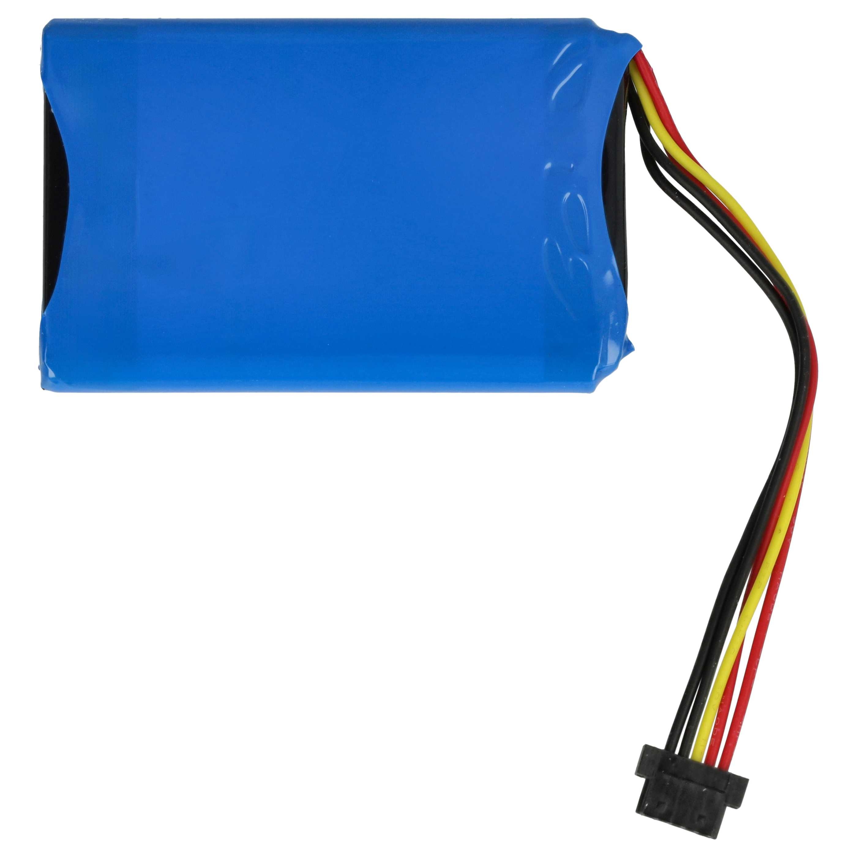 Ein blaues Batteriepack mit schwarzen, gelben und roten Drähten. Die Drähte enden in einem schwarzen Stecker.