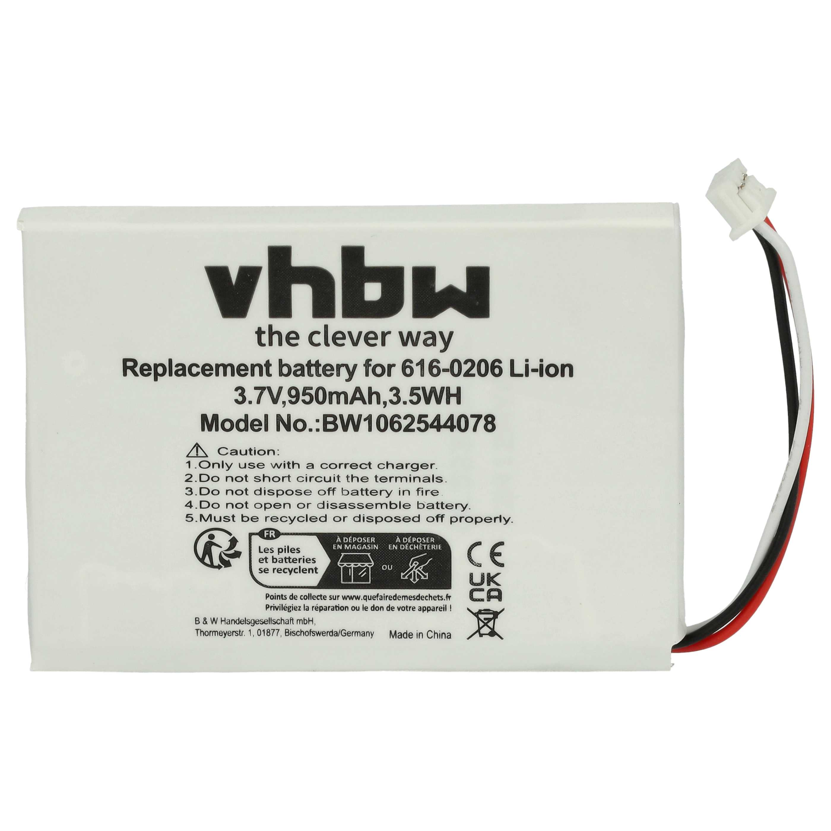 Ein weißer Akku mit schwarzen und roten Drähten. Text enthält 'vhbw', 'Ersatzbatterie' und Recyclingsymbole.