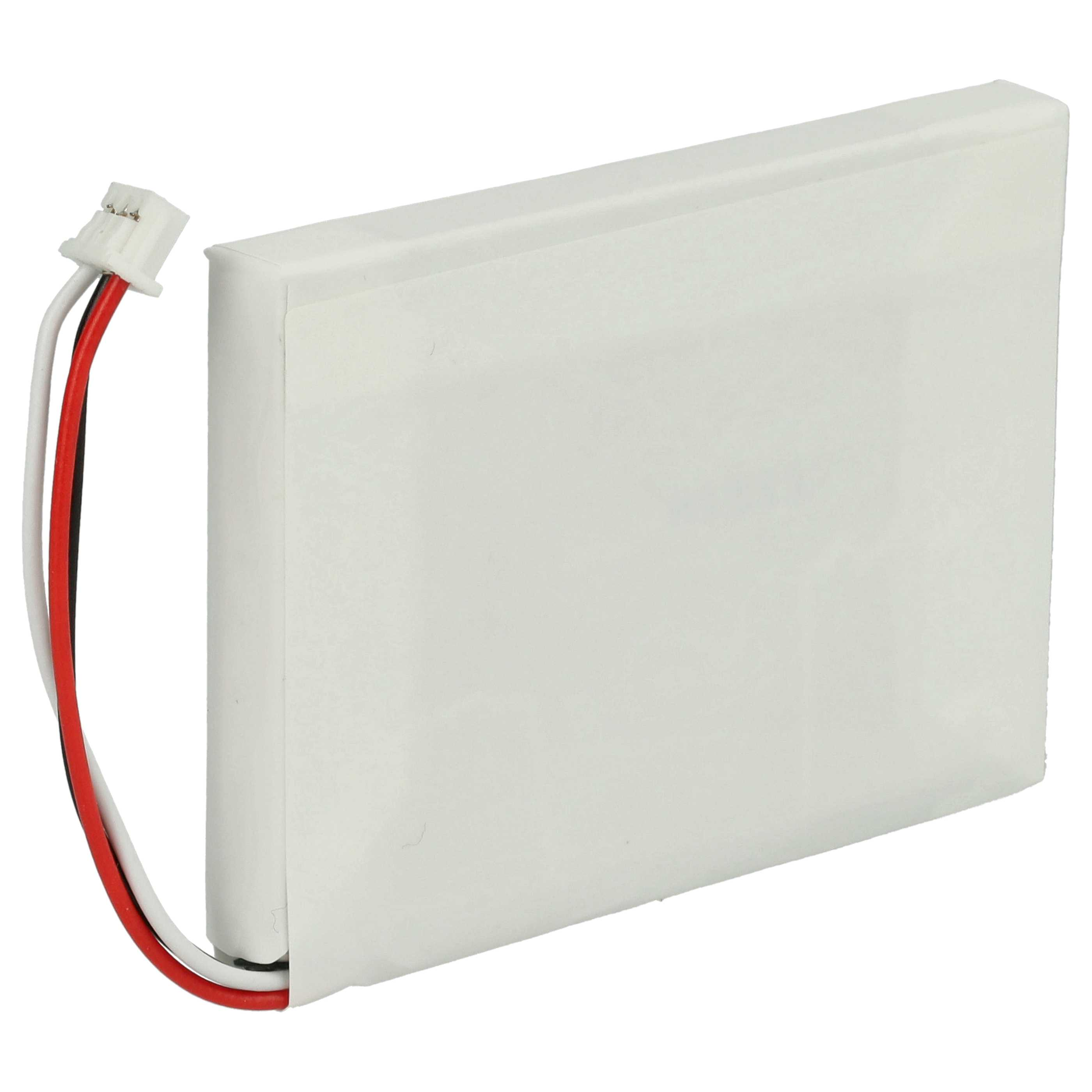 Ein rechteckiger weißer Akku mit einem Stecker und drei Drähten: rot, weiß und schwarz. Der Hintergrund ist weiß.