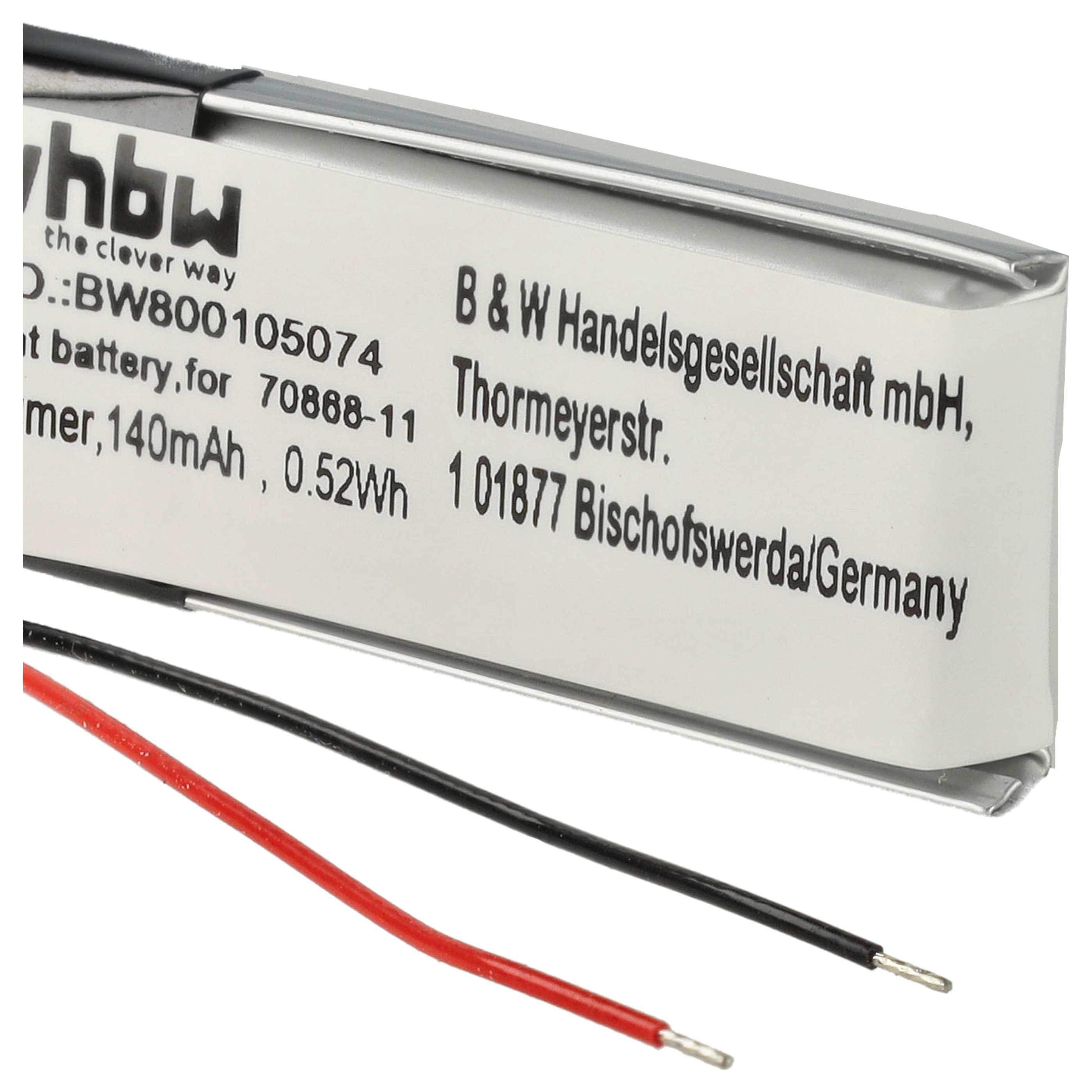 Ein weißes Batteriepack mit schwarzen und roten Drähten. Text auf dem Pack enthält Firmenname, Spezifikationen und Adresse.