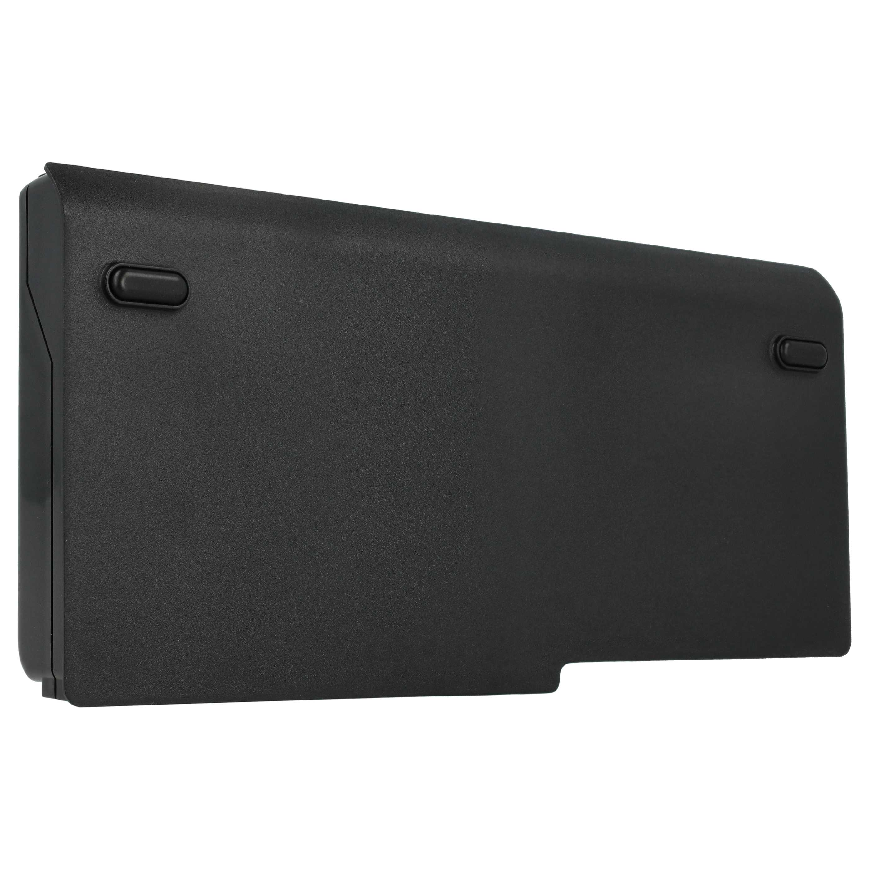 Ein schwarzer Laptop-Akku auf weißem Hintergrund. Es hat zwei kleine Knöpfe und eine strukturierte Oberfläche.
