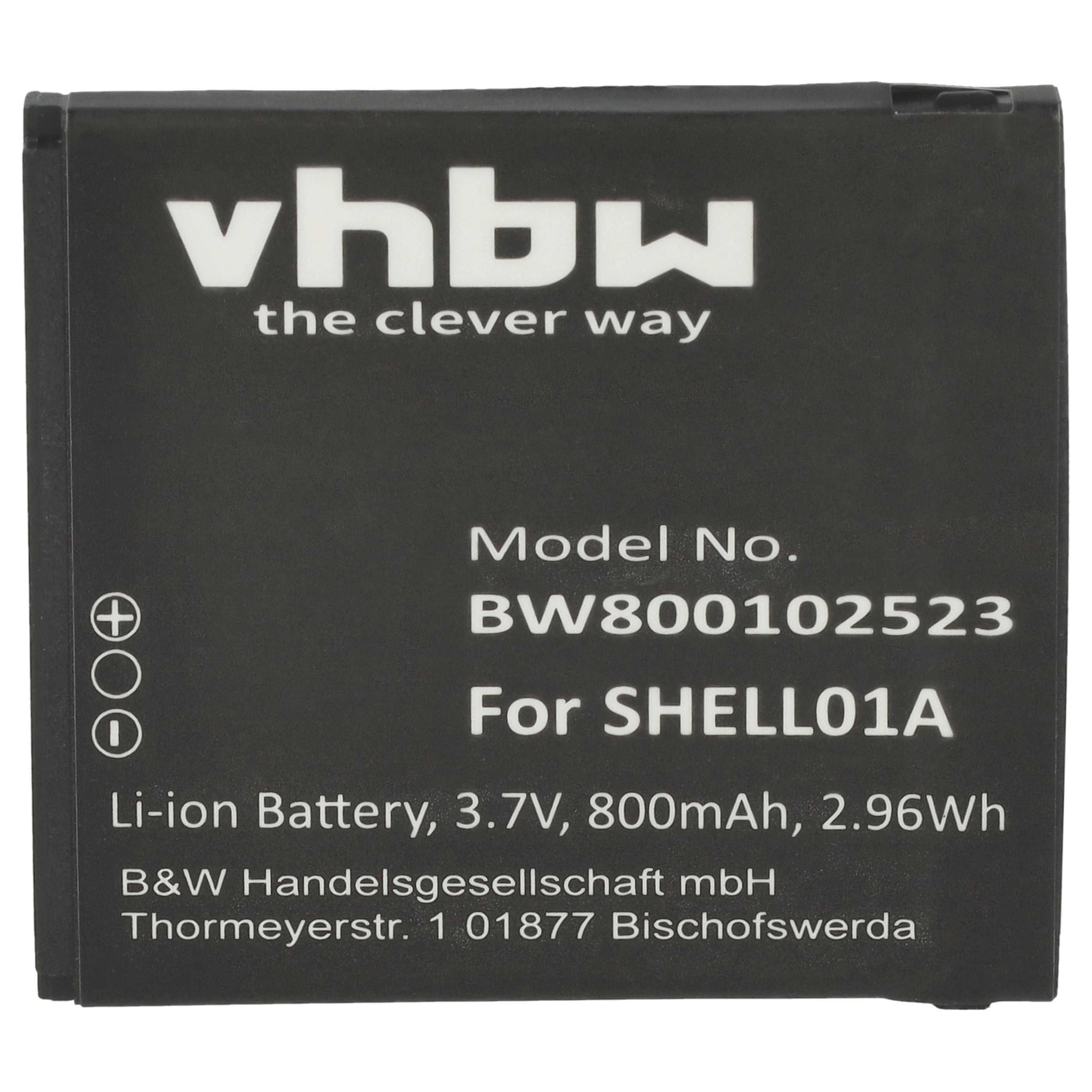 Schwarzer Akku mit weißem Text: vhbw, Modell-Nr. BW800102523, Für SHELL01A, Li-Ionen-Akku, B&W Handelsgesellschaft mbH.