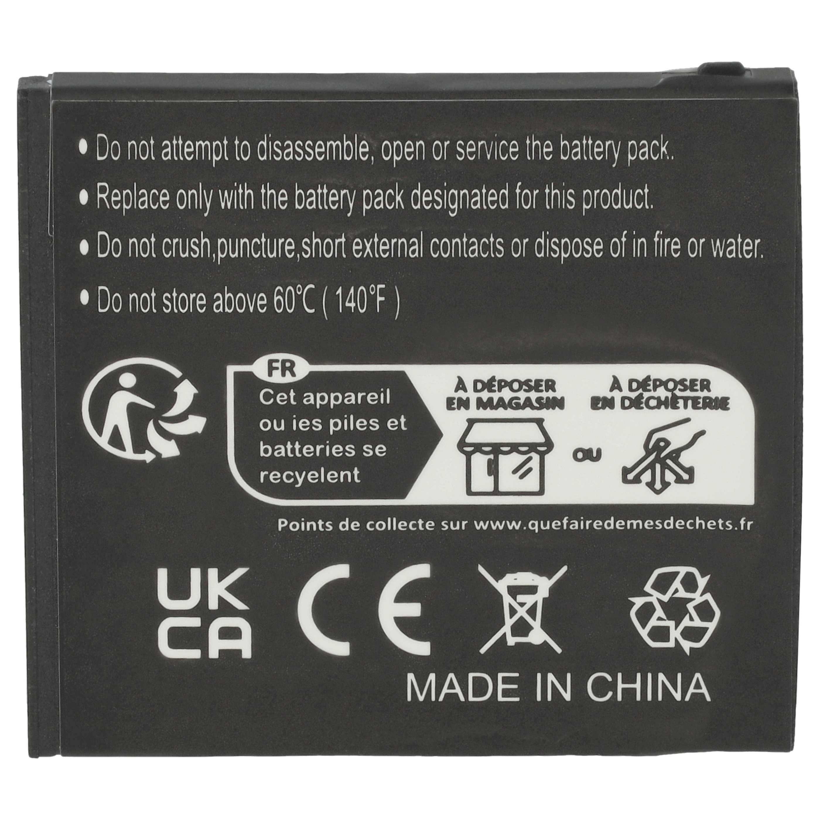 Schwarzes Akku-Pack mit Warnhinweisen. Es zeigt Recycling-Symbole, Text in Englisch und Französisch und Sicherheitshinweise.