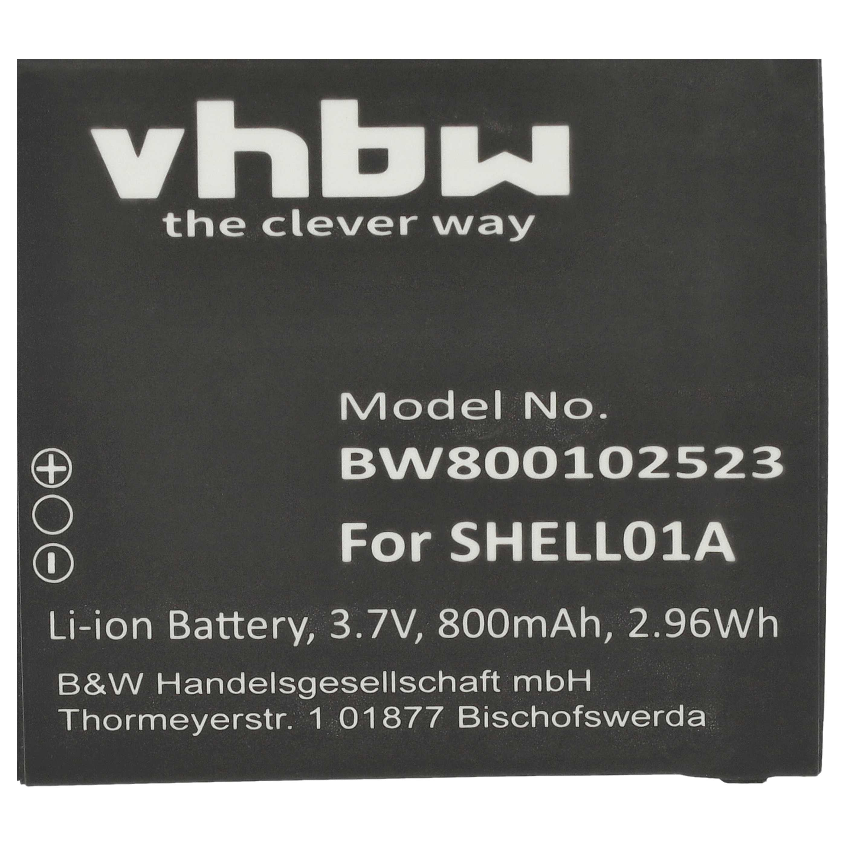 Schwarzes Rechteck mit weißem Text. Liest 'vhbw the clever way'. Enthält Batterieinfo: Modell-Nr., Für SHELL01A, Li-Ion-Batterie, und B&W Handelsgesellschaft.