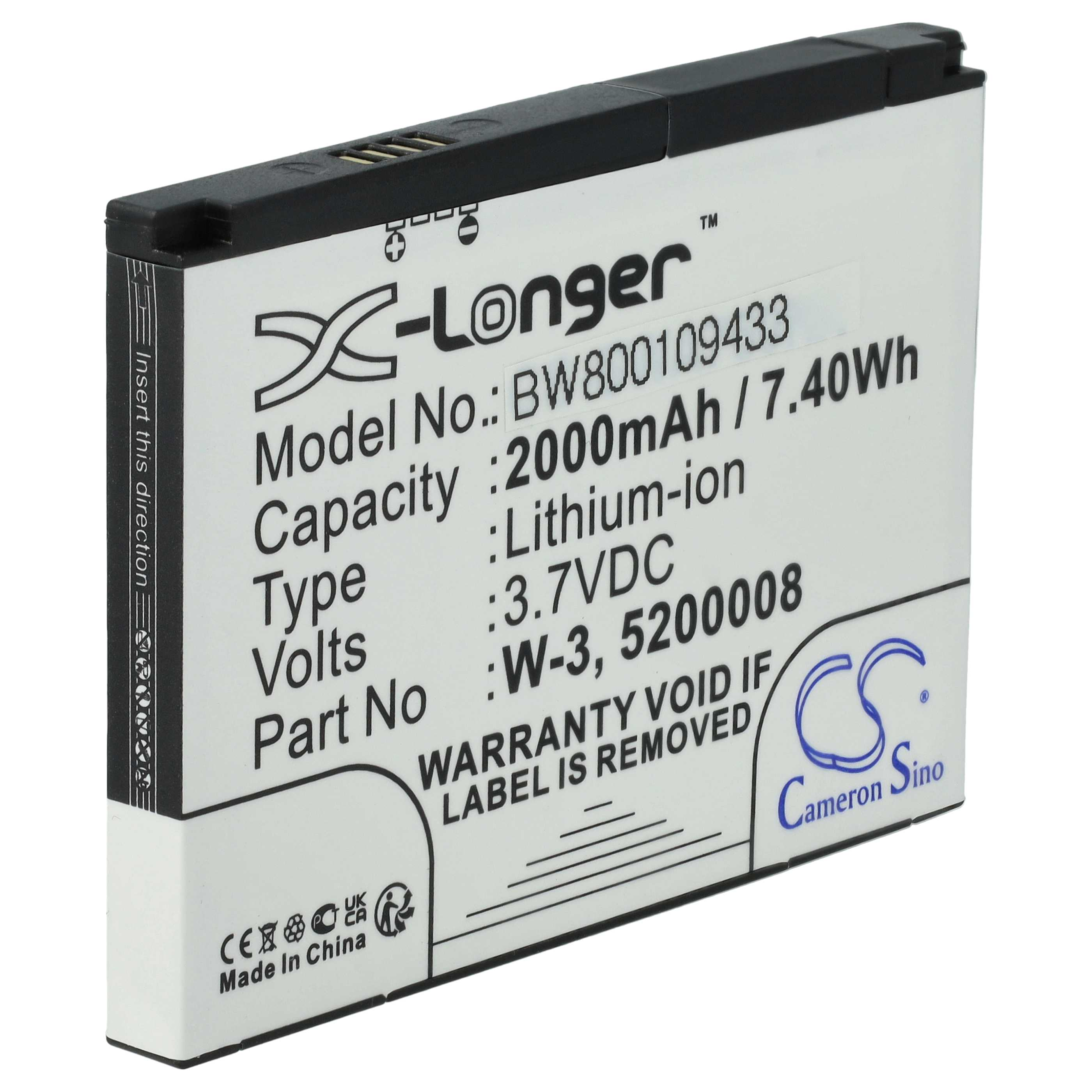 Ein weißer Akku mit schwarzem Deckel. Text enthält 'X-Longer', Modell, Kapazität, Typ, Volt und Teilenummer.