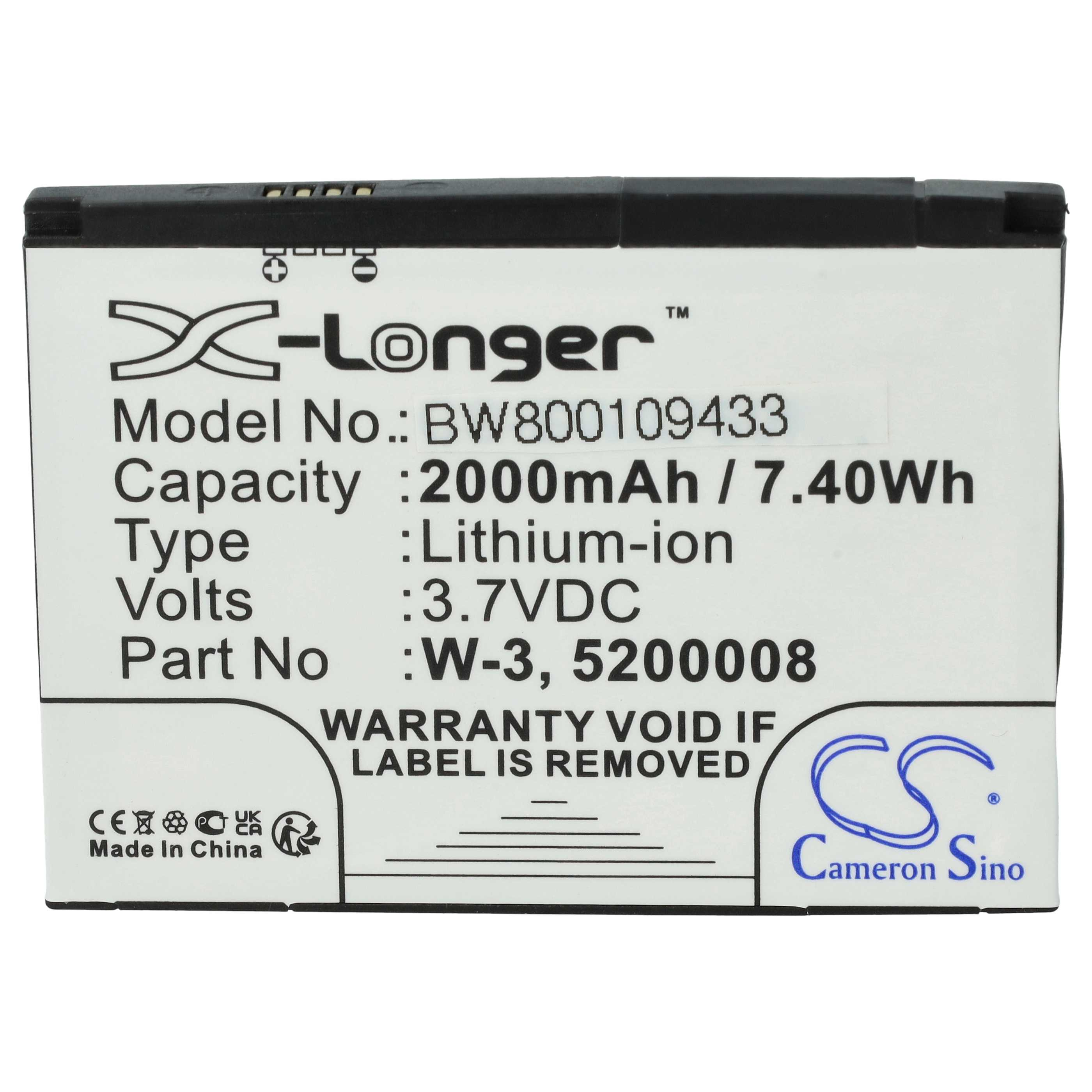 Ein weißes Batterieetikett mit schwarzem Text. Es hat das X-Longer-Logo, Modell, Kapazität, Typ, Volt und Teilenummer.