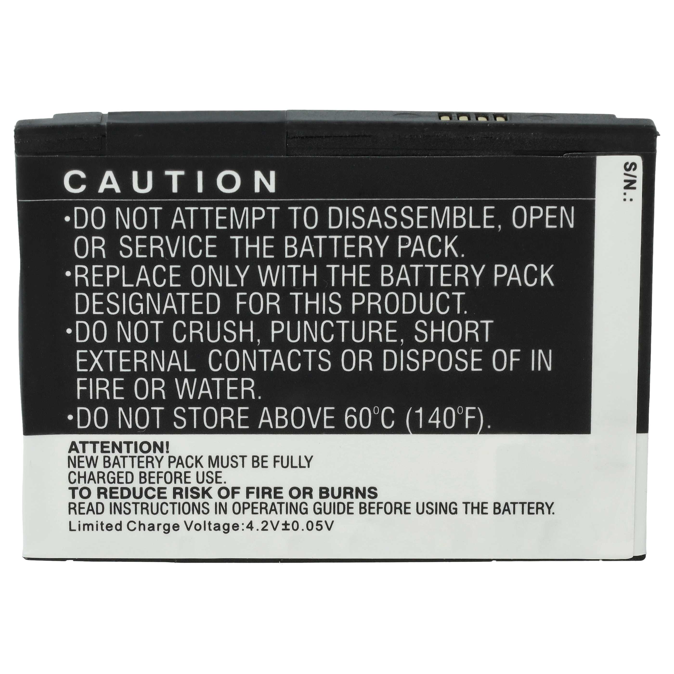 Batteriepack mit Vorsichtshinweis. Schwarzer Hintergrund, weißer Text. Warnungen umfassen Nicht-Zerlegen und Nicht-Lagern über 60°C.
